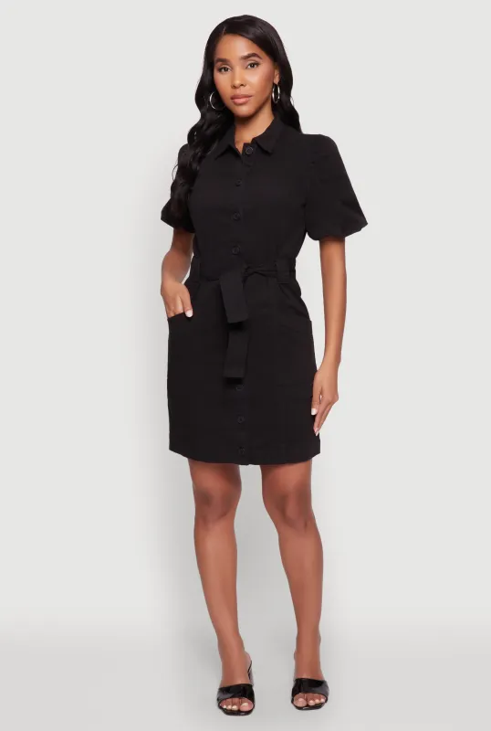 Chic Twill Puff Sleeve Shirt Dress with Tie Waist Belt sold by Rainbow