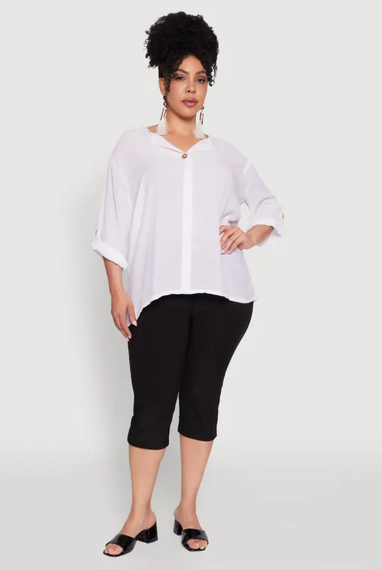 Plus Size Chic Gauze Knit Button Front Notch Neck Blouse sold by Rainbow