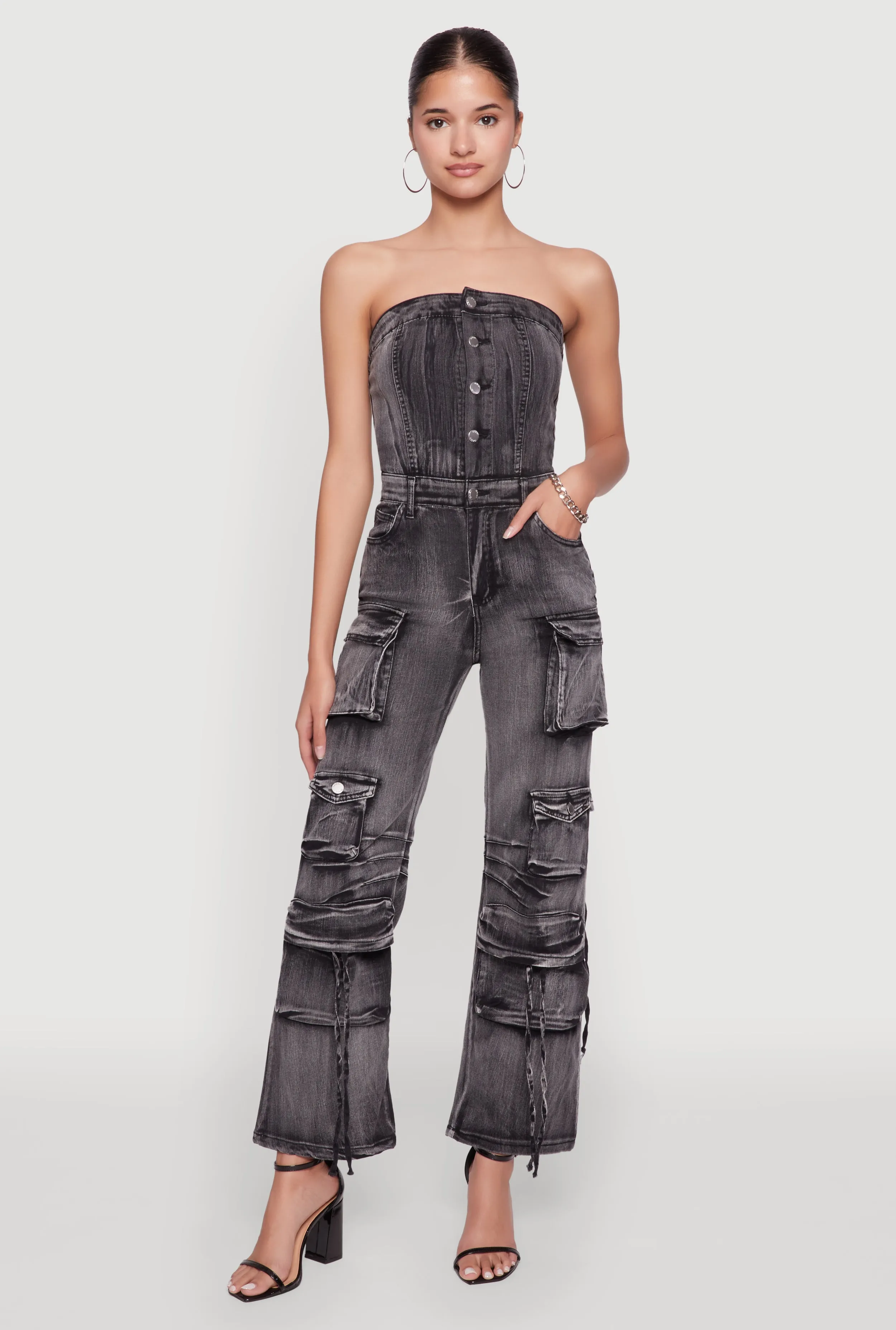 Daisy Denim Strapless Flare Jumpsuit with Cargo Pockets sold by Rainbow