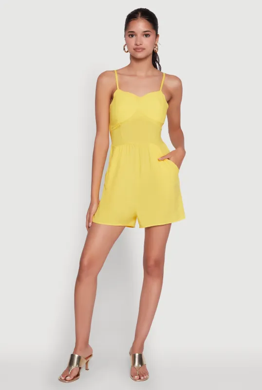 Chic Sleeveless Padded Cup Romper with Pockets and Smocked Details sold by Rainbow