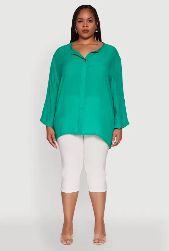 Plus Size Chic Gauze Knit Button Front Notch Neck Blouse sold by Rainbow