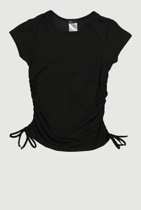 Girls Trendy Side Ruched Ribbed Knit Crew Neck Tee sold by Rainbow