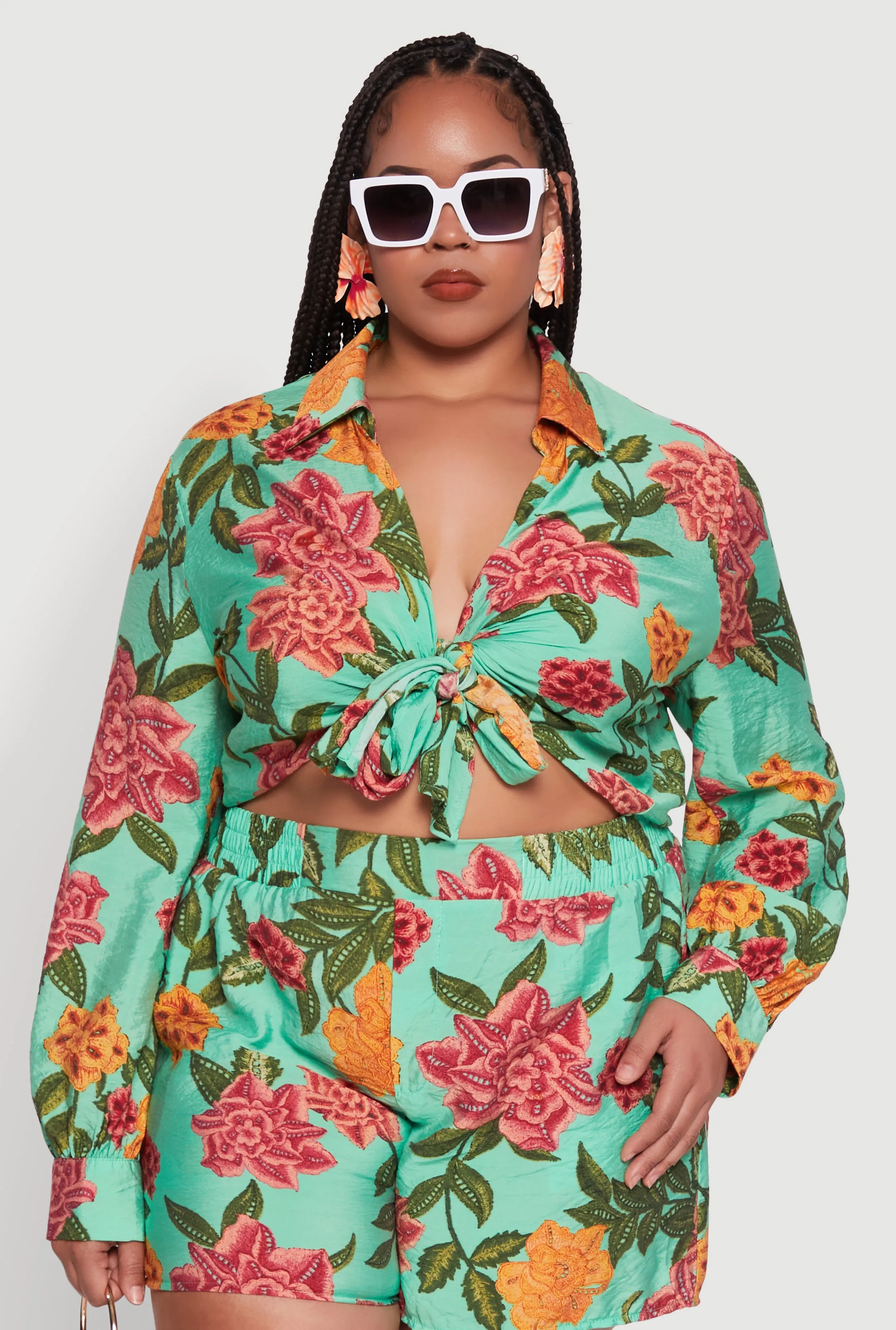 Plus Size Floral Long Sleeve Tie Front Crop Top sold by Rainbow
