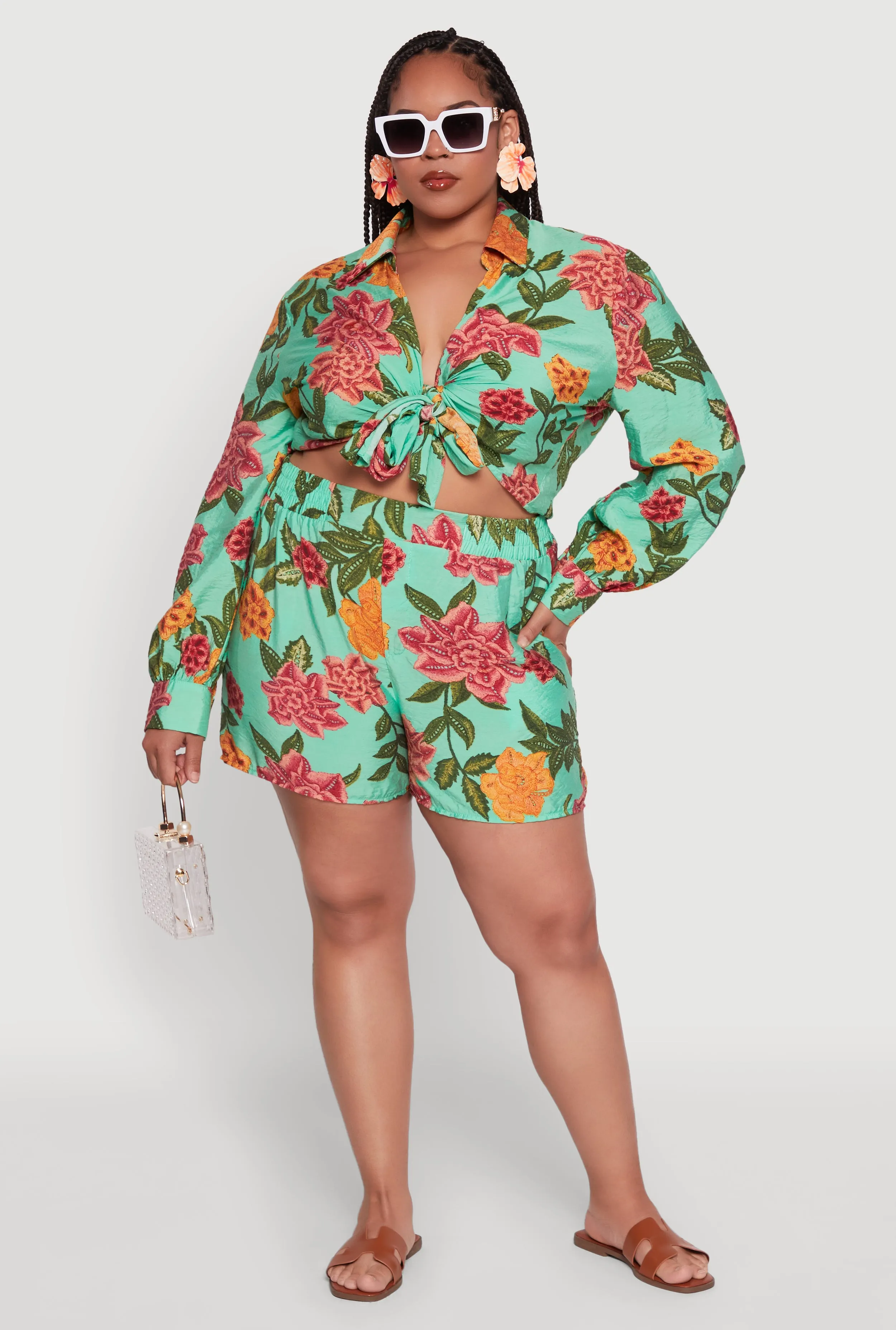 Plus Size Floral Long Sleeve Tie Front Crop Top sold by Rainbow product image thumbnail 2
