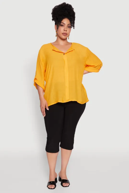 Plus Size Chic Gauze Knit Button Front Notch Neck Blouse sold by Rainbow