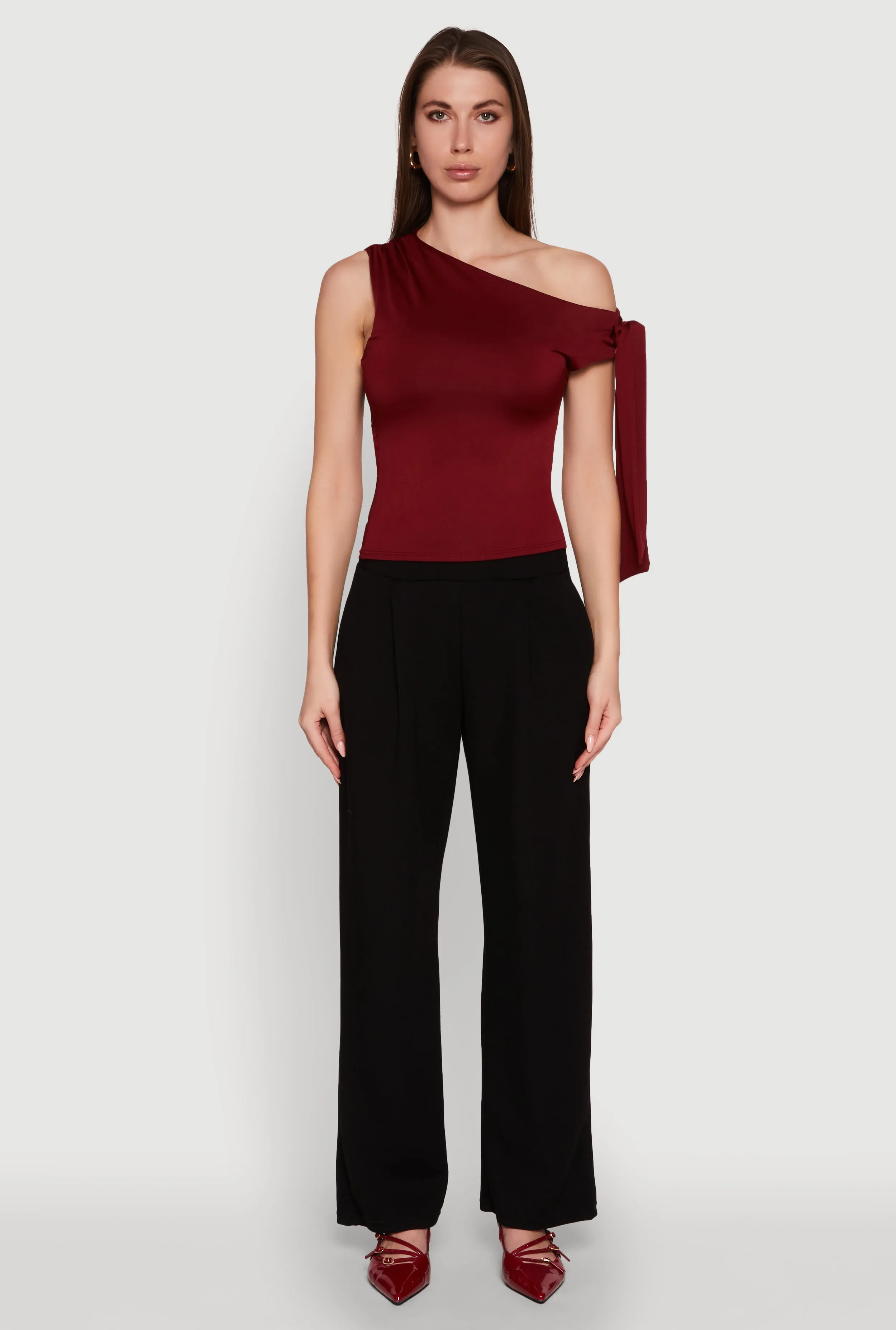 Trendy Tie Sleeve Ruched Asymmetrical Top sold by Rainbow