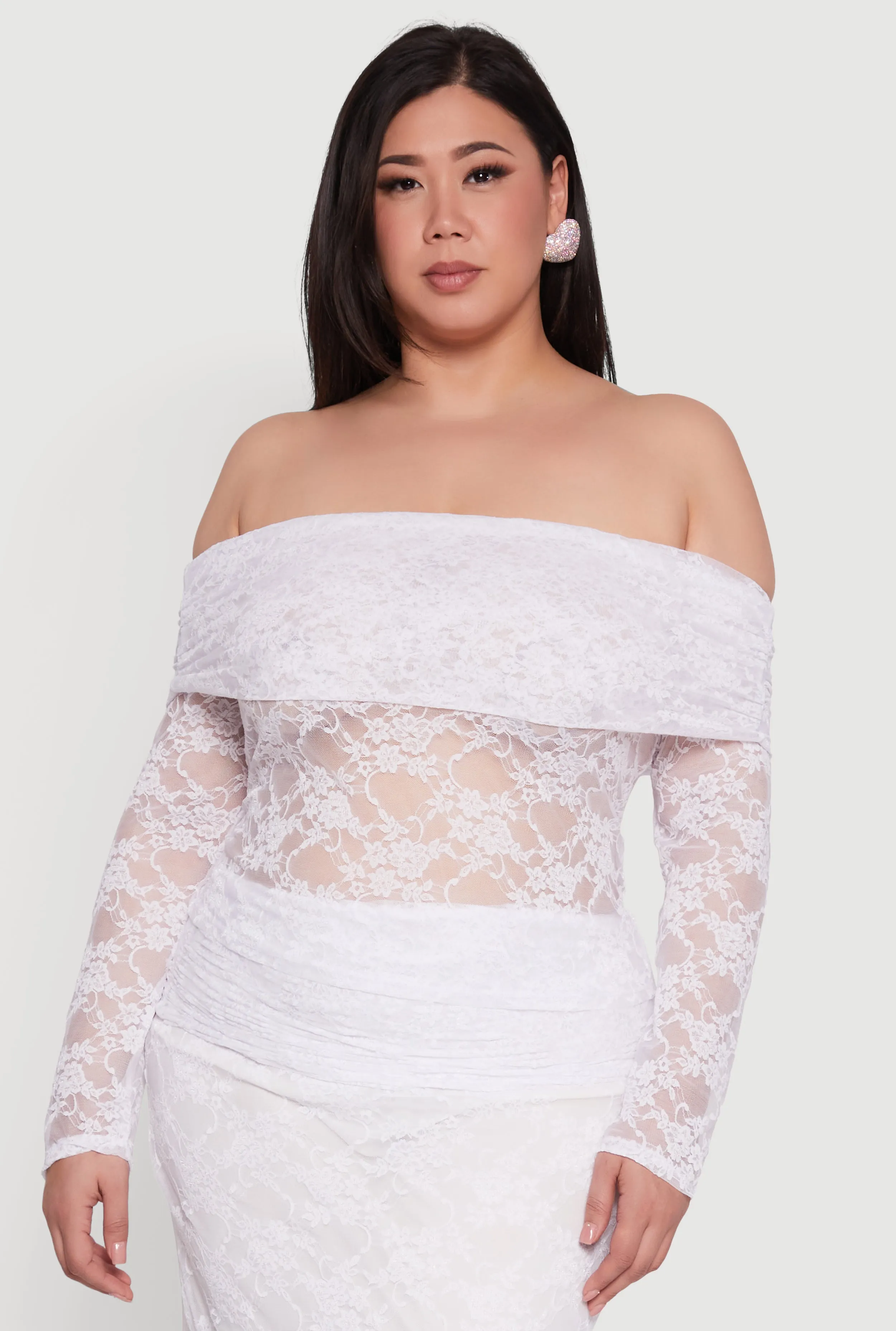 Plus Size Lace Fold Over Off The Shoulder Blouse sold by Rainbow