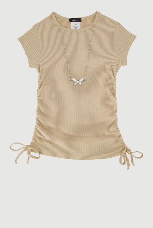 Little Girls Ribbed Knit Tee with Rhinestone Butterfly Necklace sold by Rainbow