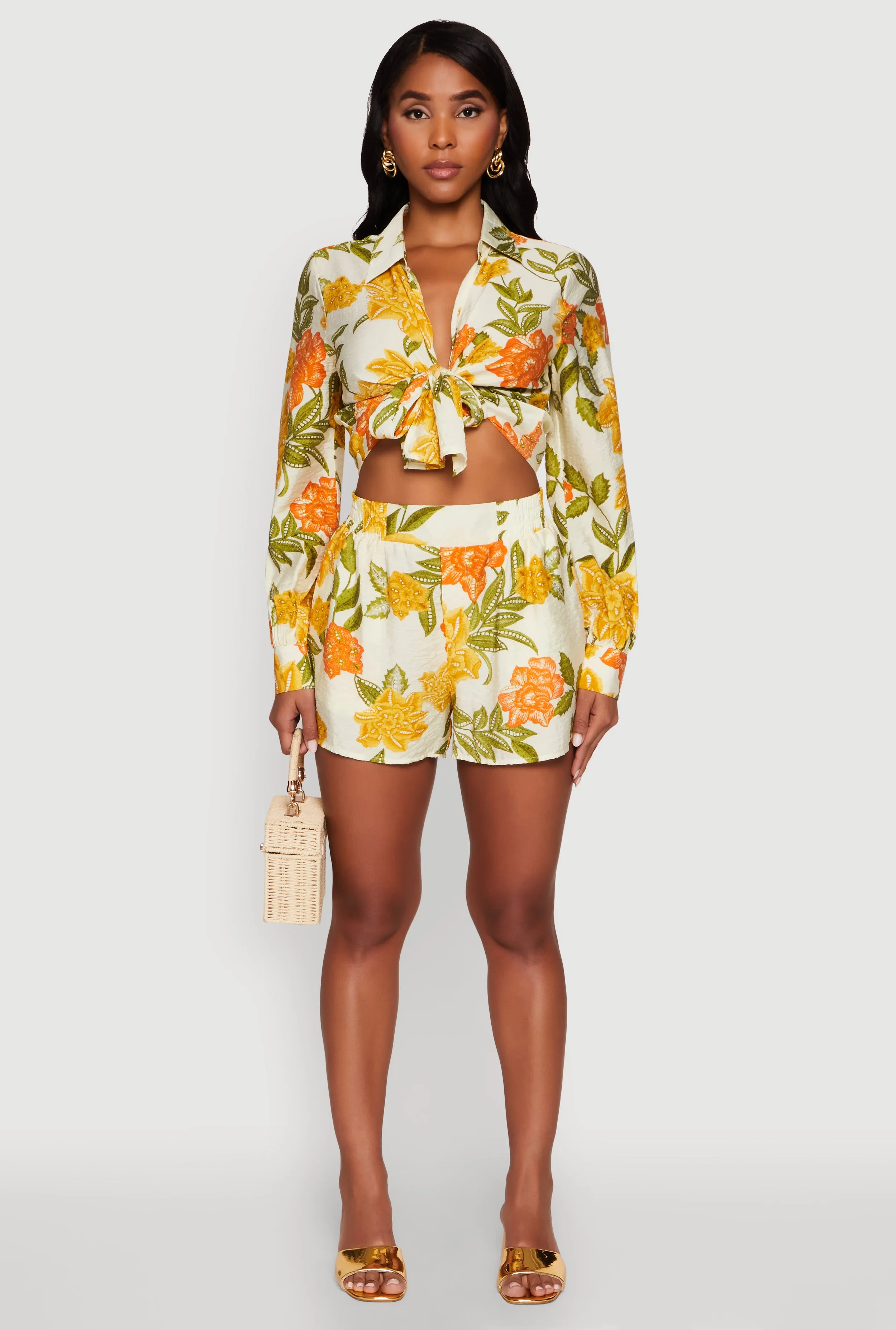 Chic Floral Long Sleeve Tie Front Crop Top sold by Rainbow product image thumbnail 2