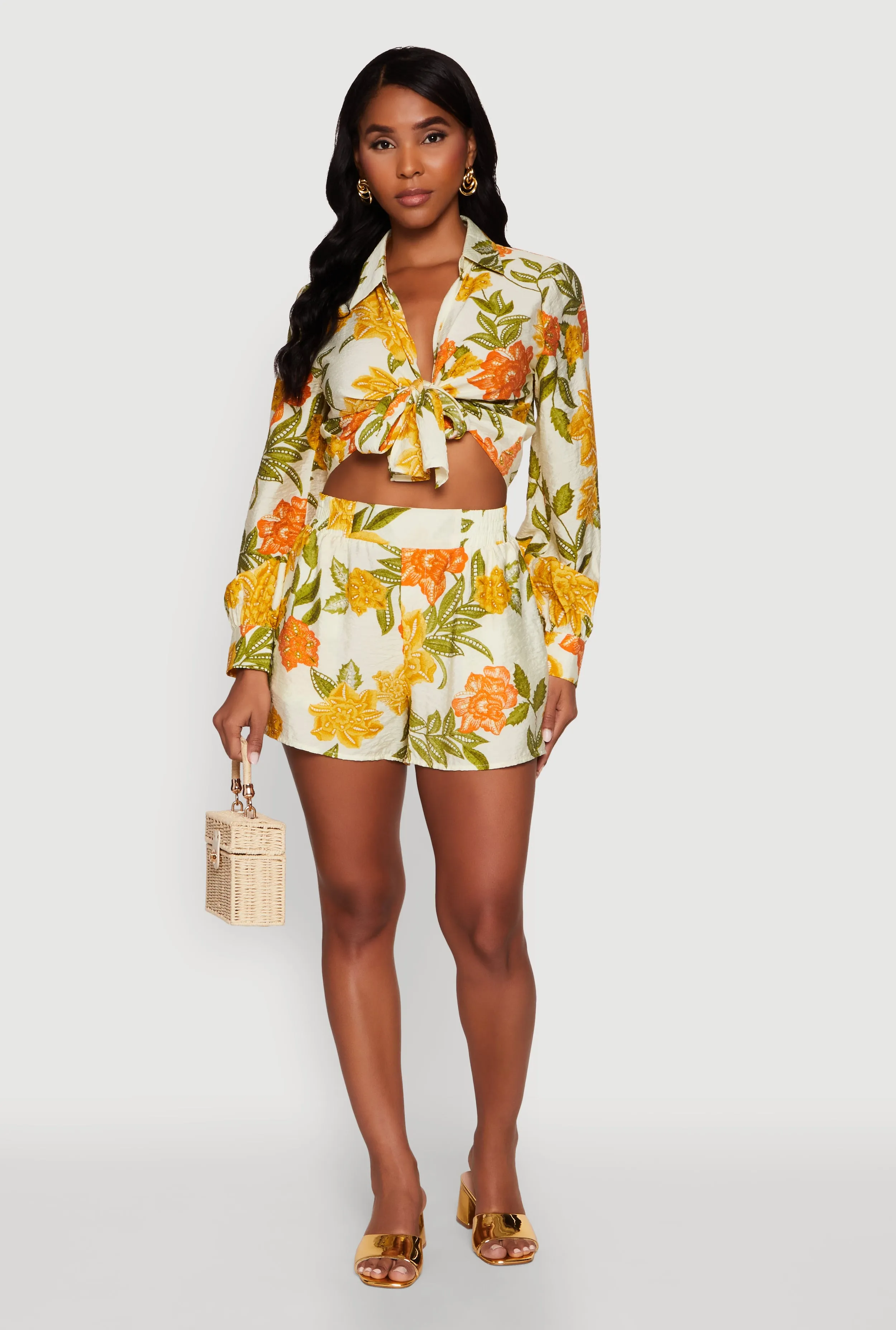 Chic Floral Long Sleeve Tie Front Crop Top sold by Rainbow product image thumbnail 3