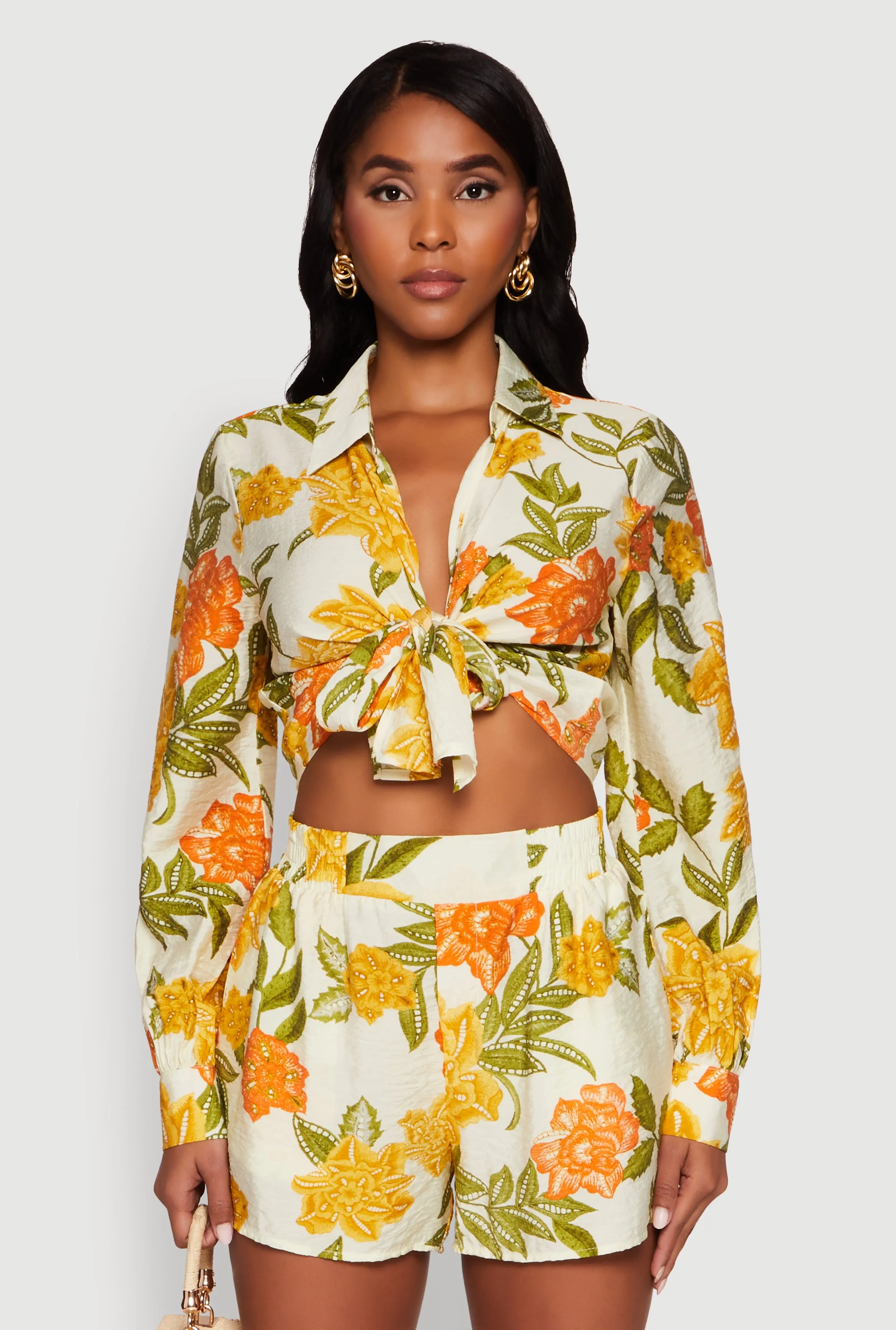 Chic Floral Long Sleeve Tie Front Crop Top sold by Rainbow