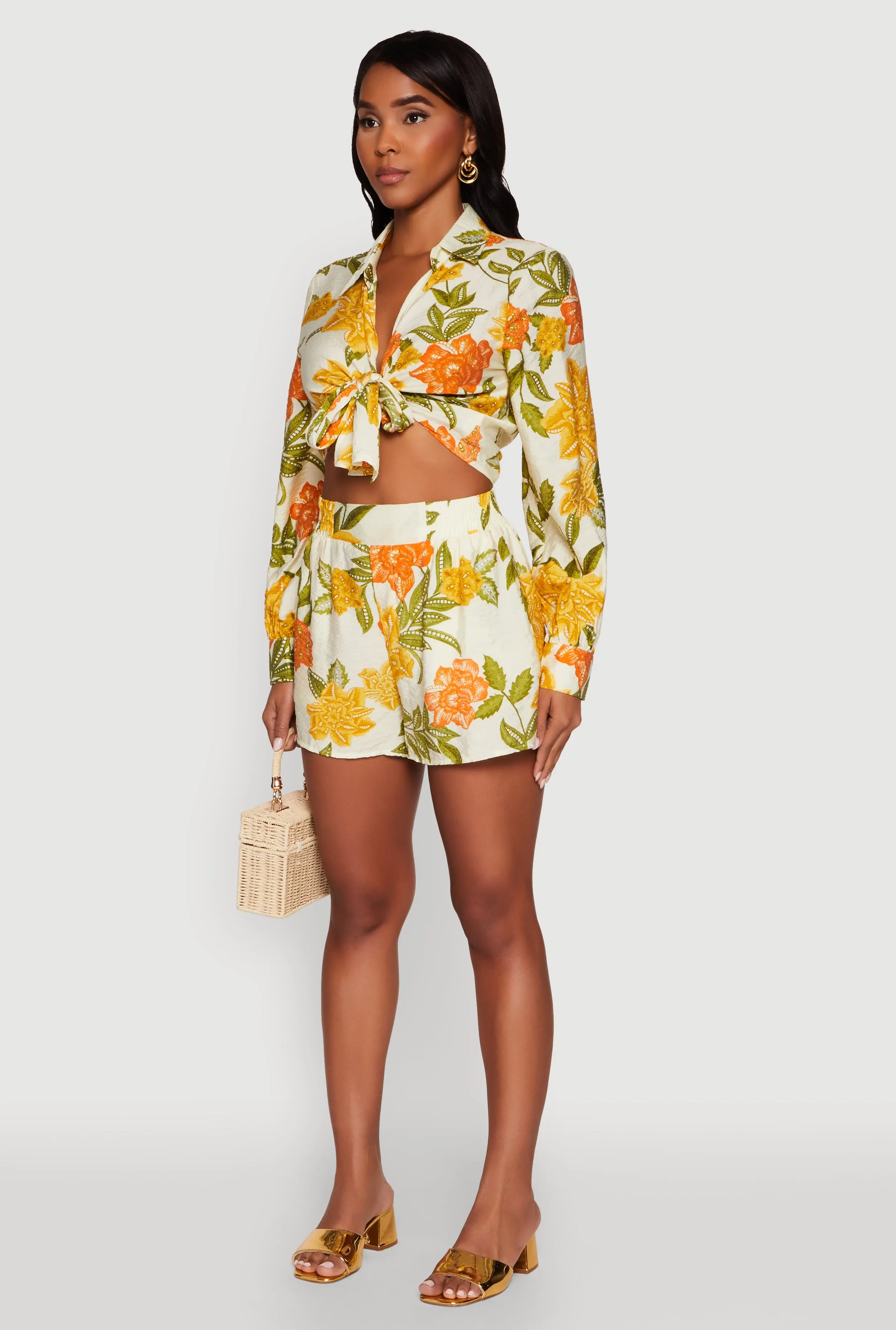 Chic Floral Long Sleeve Tie Front Crop Top sold by Rainbow product image thumbnail 5