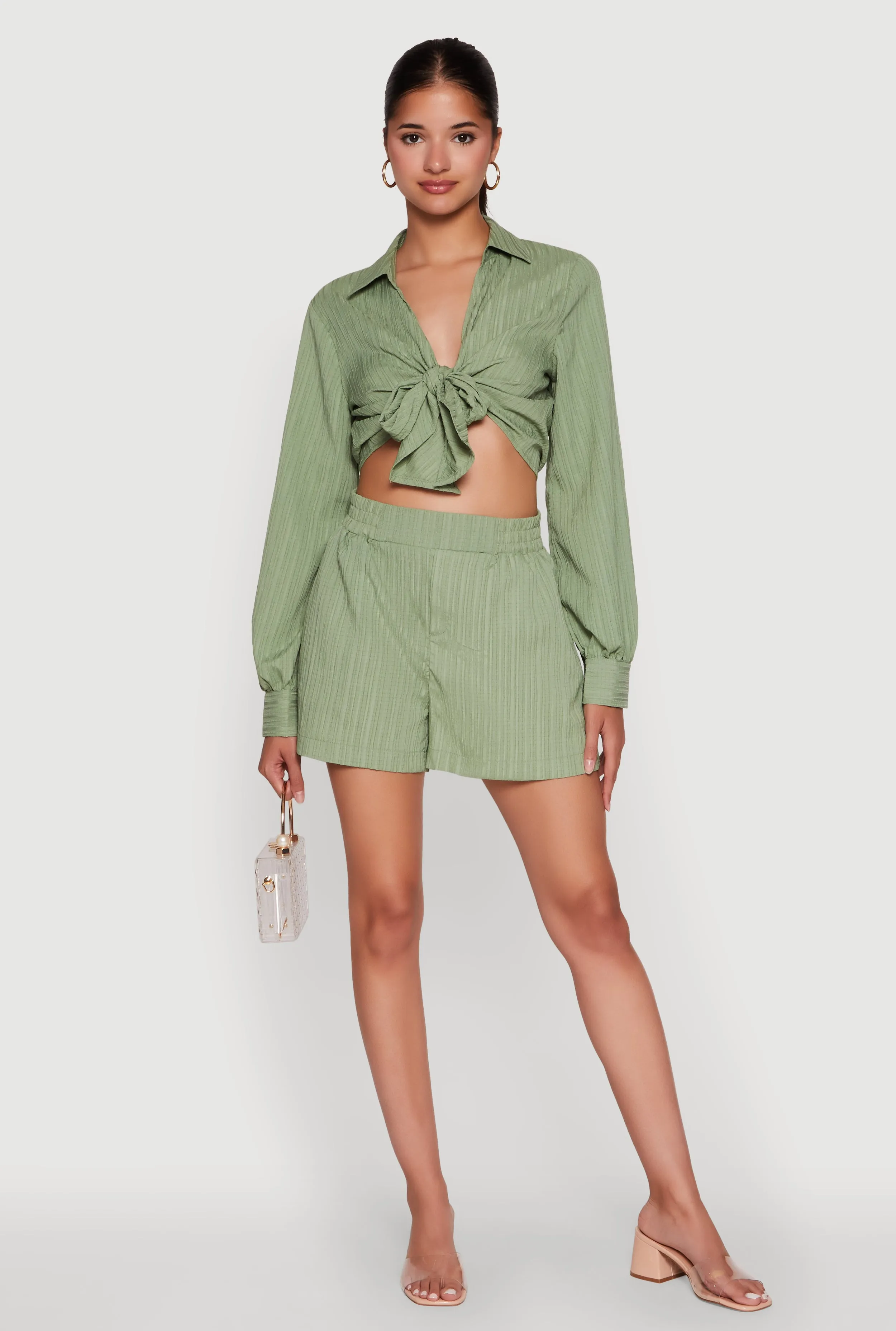 Chic Textured Knit Bubble Sleeve Tie Front Crop Top sold by Rainbow product image thumbnail 3