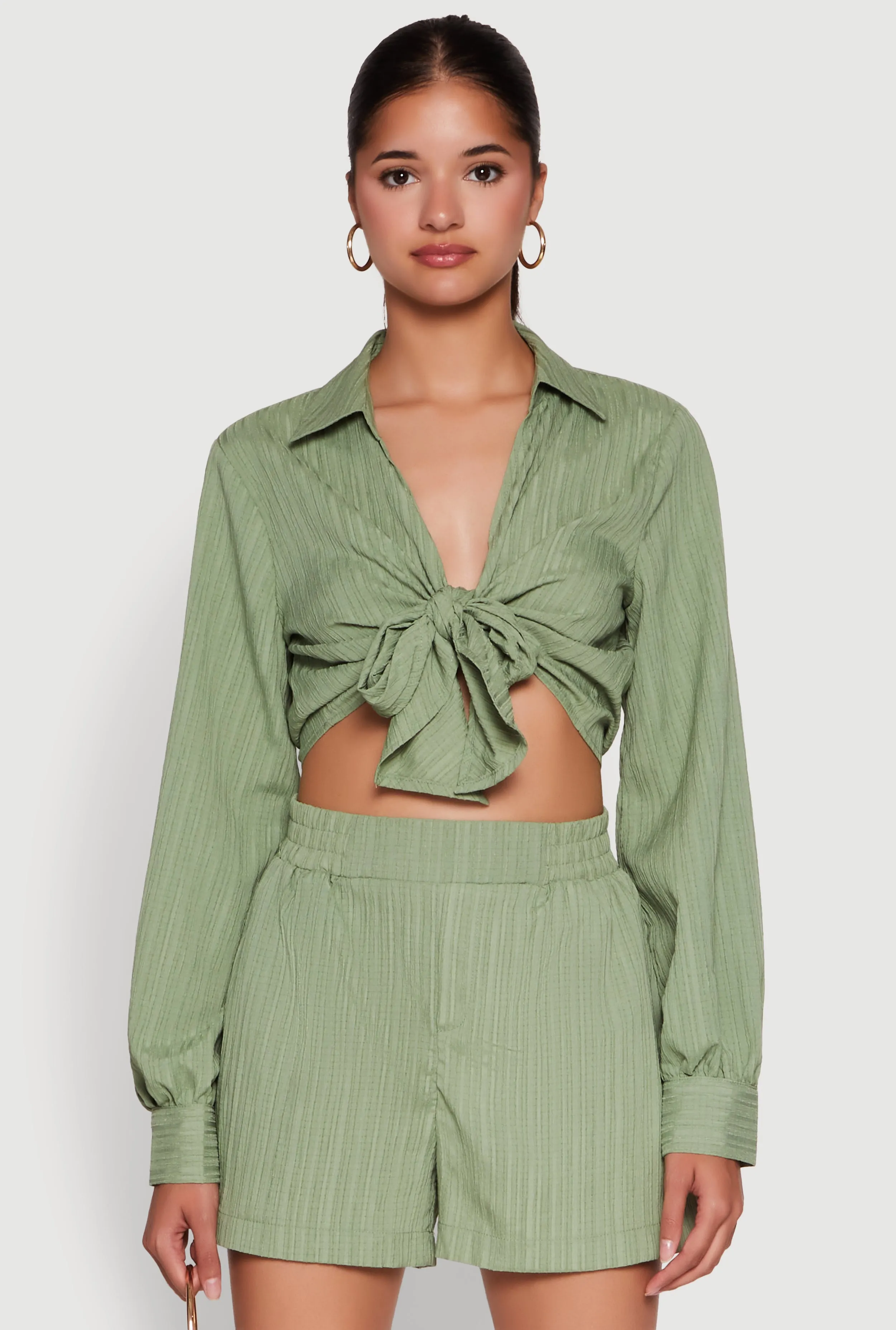 Chic Textured Knit Bubble Sleeve Tie Front Crop Top sold by Rainbow