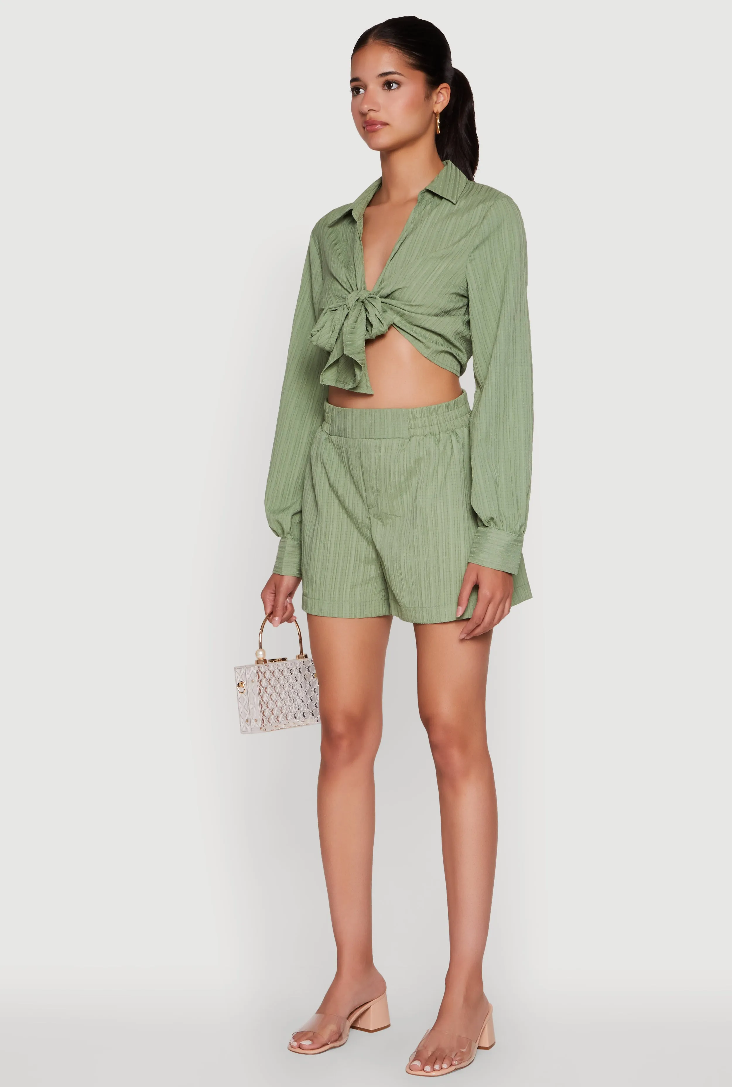 Chic Textured Knit Bubble Sleeve Tie Front Crop Top sold by Rainbow product image thumbnail 5