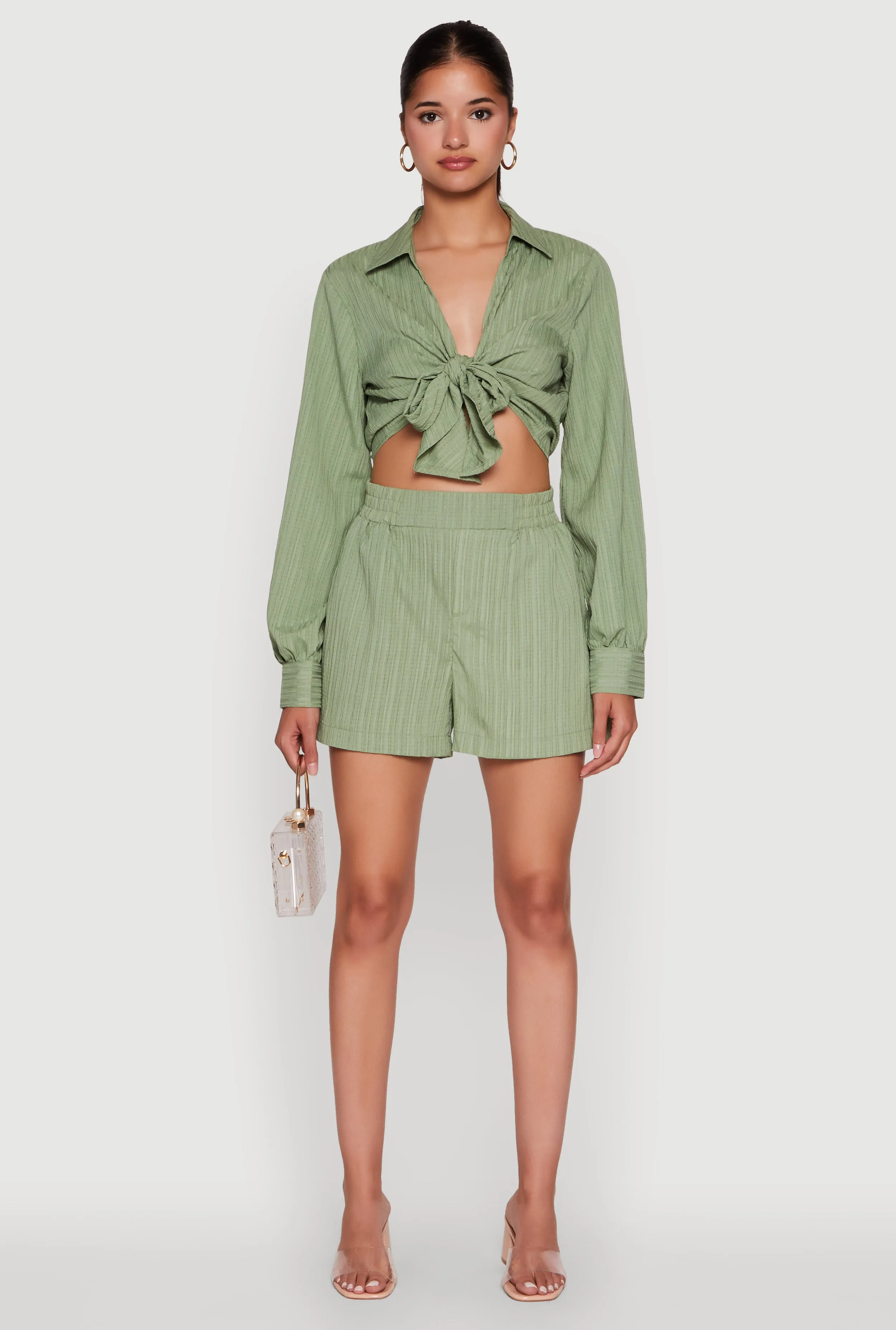 Chic Textured Knit Bubble Sleeve Tie Front Crop Top sold by Rainbow product image thumbnail 2