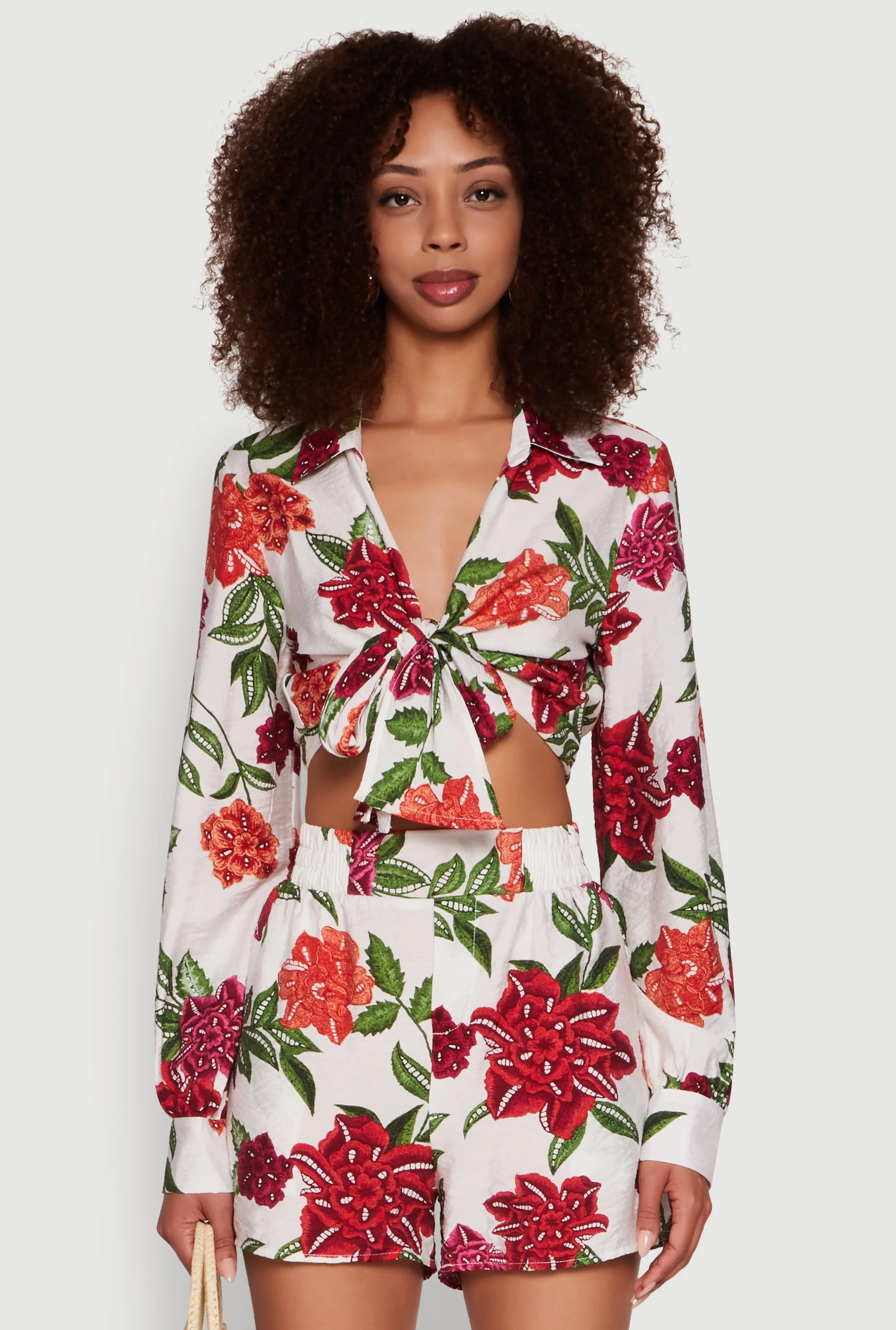 Chic Floral Long Sleeve Tie Front Crop Top sold by Rainbow