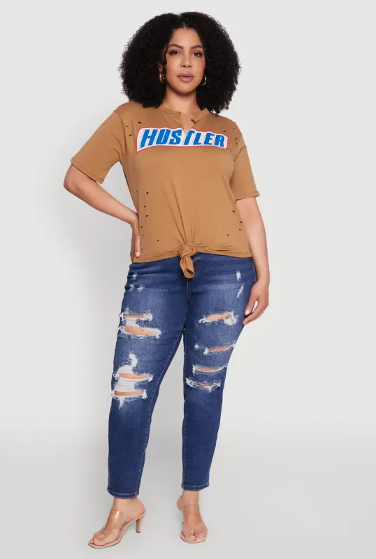Plus Size Hustler Graphic Short Sleeve Knot Front Tee sold by Rainbow