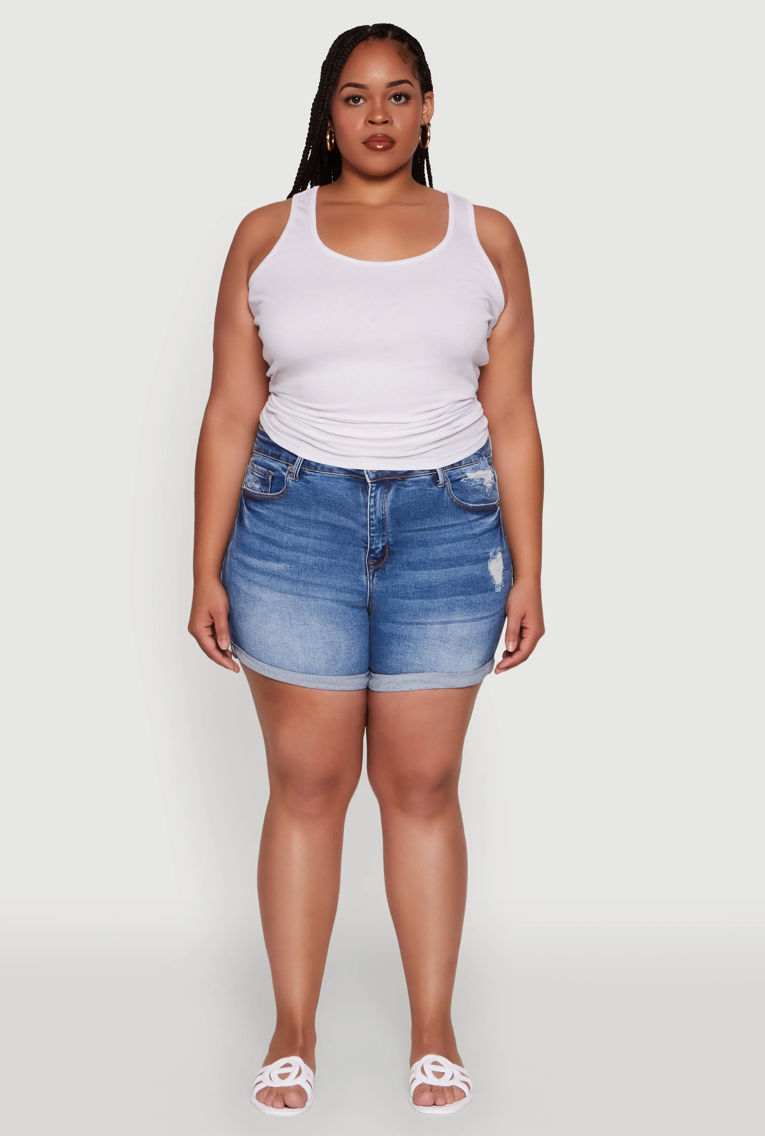 Plus Size WAX High Waisted Distressed Denim Shorts sold by Rainbow