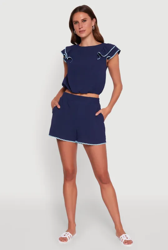 Trendy Crepe Knit High Waisted Shorts with Scalloped Contrast Trim sold by Rainbow