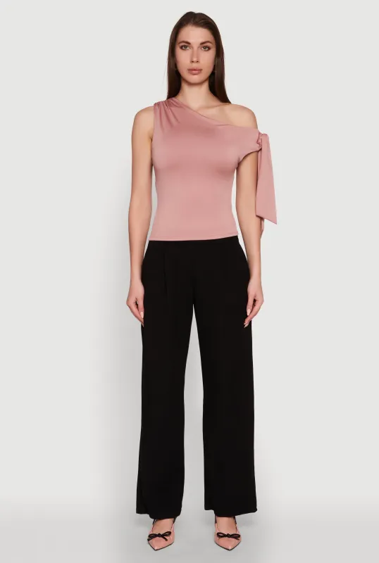 Trendy Tie Sleeve Ruched Asymmetrical Top sold by Rainbow