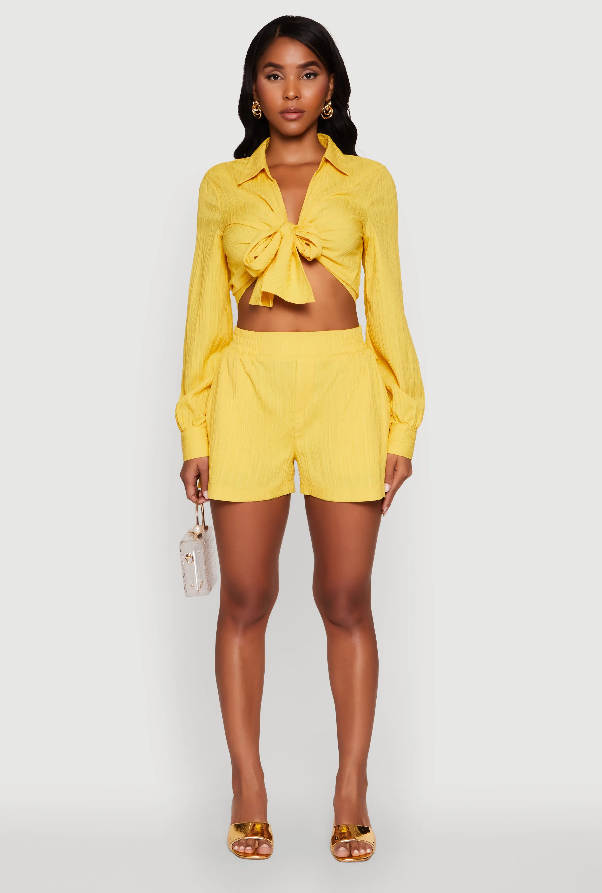 Chic Textured Knit Bubble Sleeve Tie Front Crop Top sold by Rainbow product image thumbnail 2