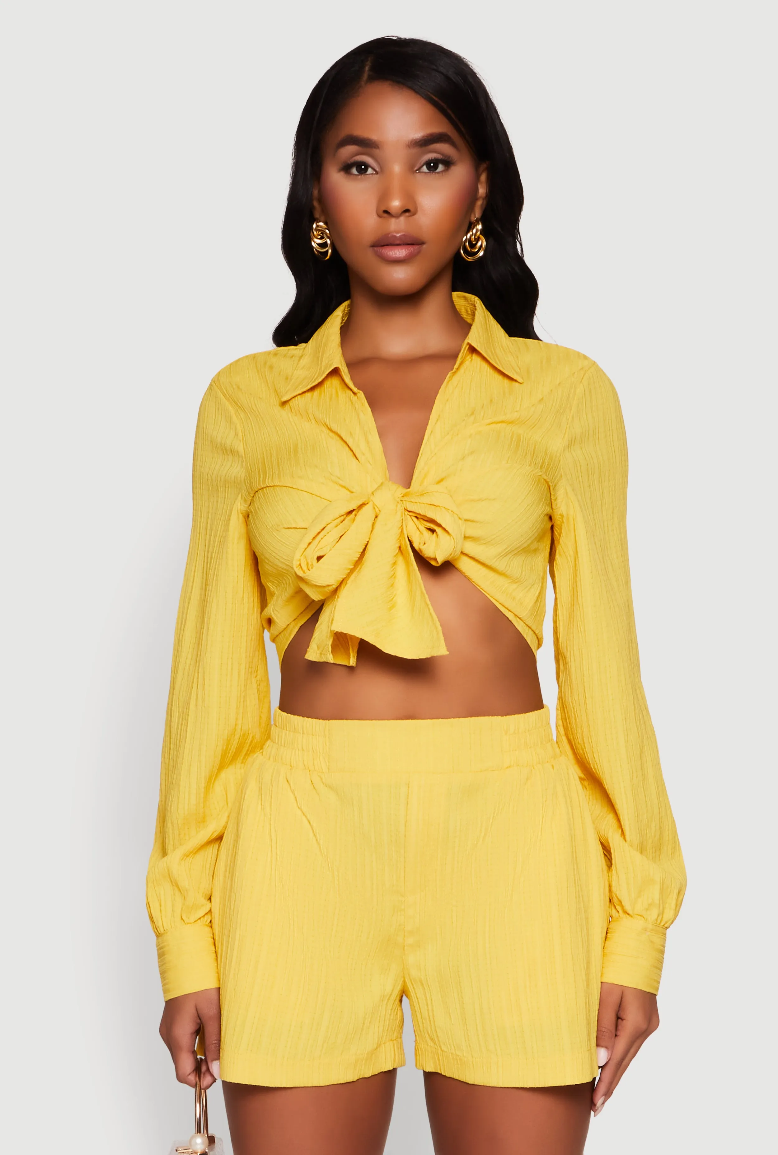 Chic Textured Knit Bubble Sleeve Tie Front Crop Top sold by Rainbow