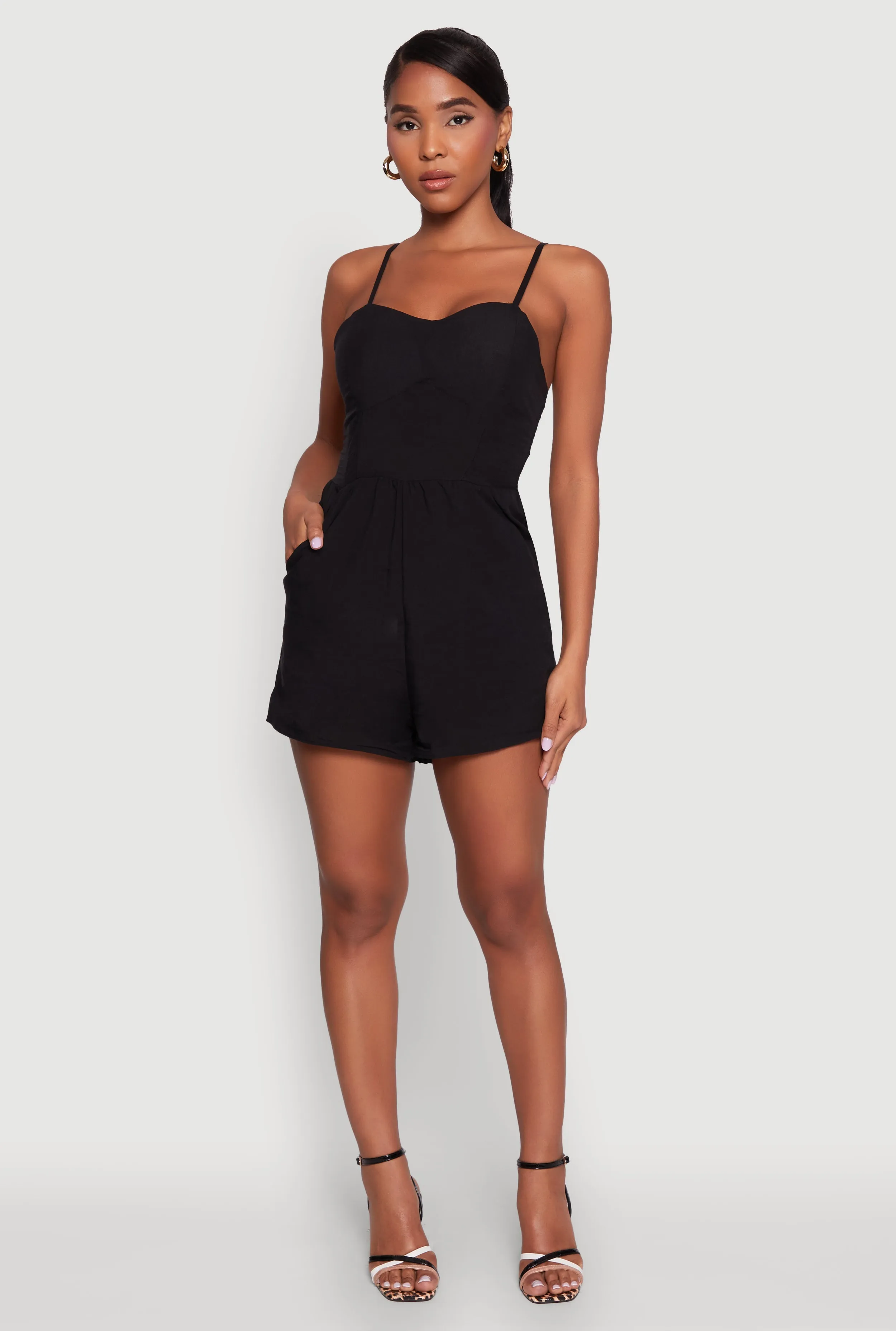 Chic Sleeveless Padded Cup Romper with Pockets and Smocked Details sold by Rainbow