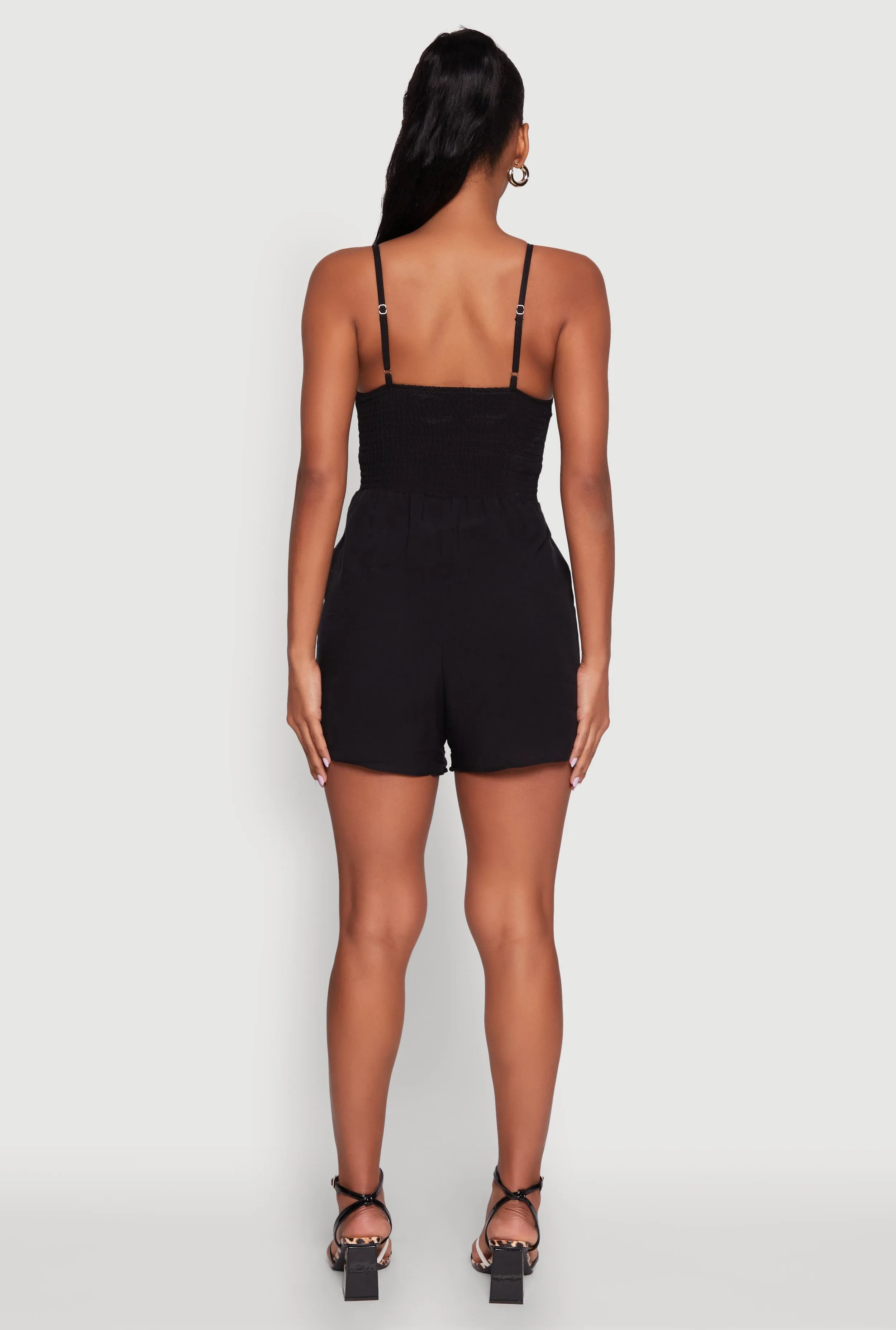 Chic Sleeveless Padded Cup Romper with Pockets and Smocked Details sold by Rainbow product image thumbnail 5