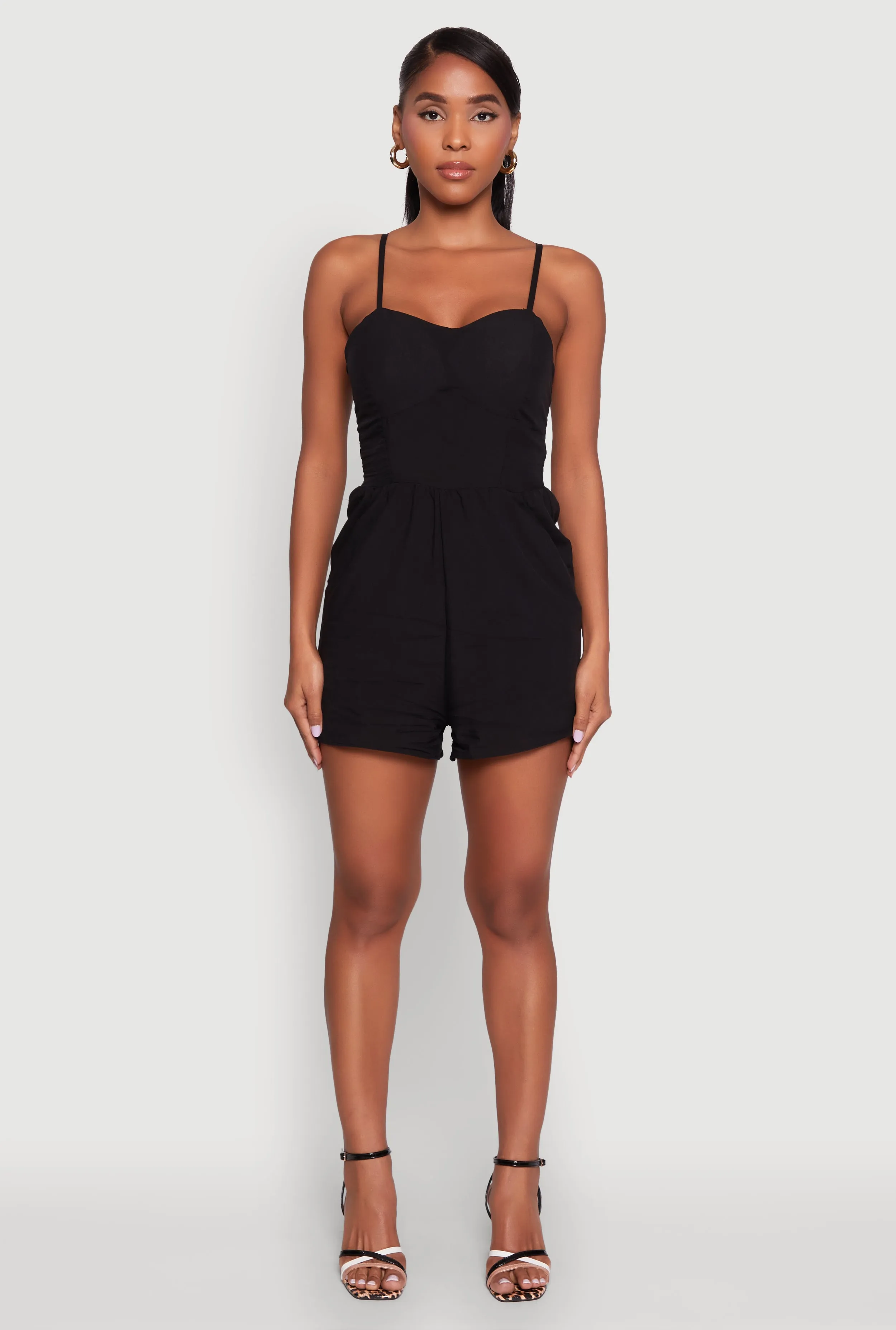 Chic Sleeveless Padded Cup Romper with Pockets and Smocked Details sold by Rainbow product image thumbnail 2