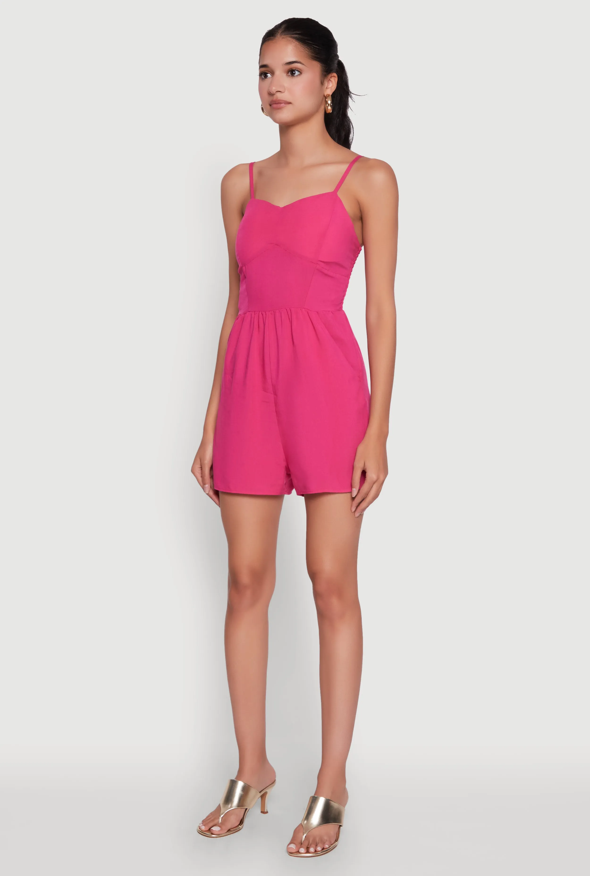 Chic Sleeveless Padded Cup Romper with Pockets and Smocked Details sold by Rainbow product image thumbnail 3