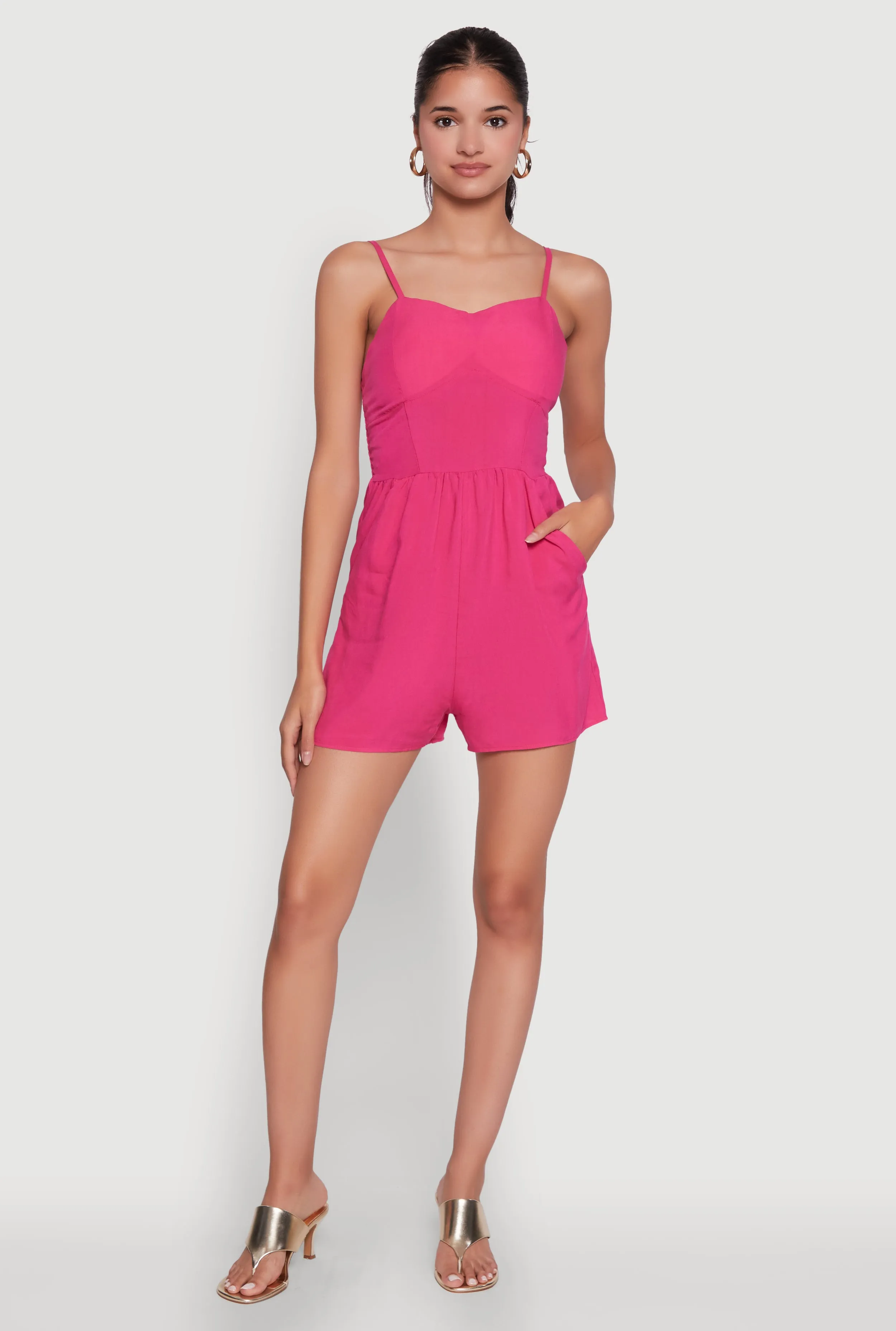 Chic Sleeveless Padded Cup Romper with Pockets and Smocked Details sold by Rainbow