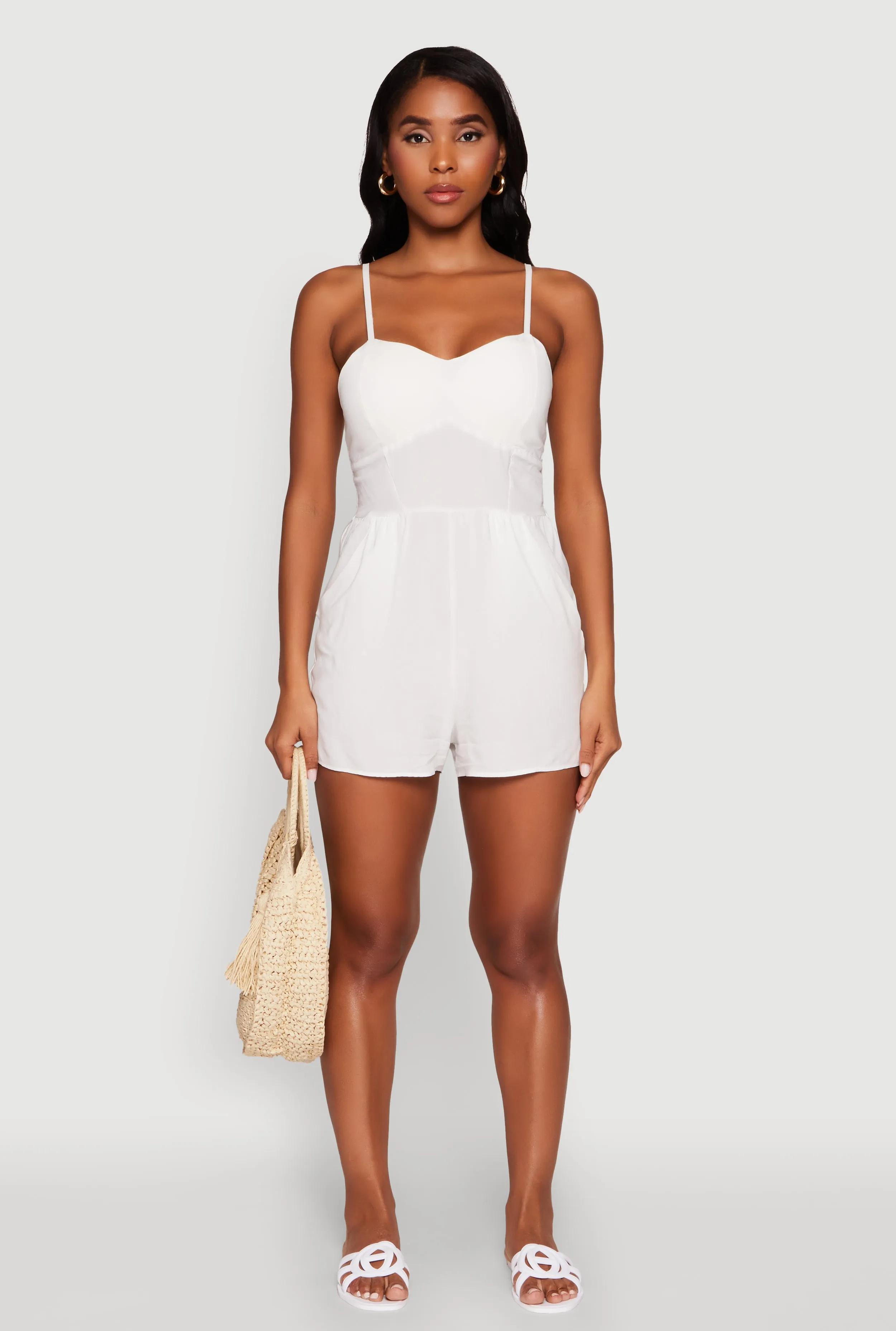 Chic Sleeveless Padded Cup Romper with Pockets and Smocked Details sold by Rainbow