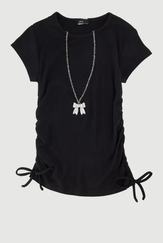 Girls Ribbed Knit Tee with Removable  Rhinestone Bow Necklace sold by Rainbow