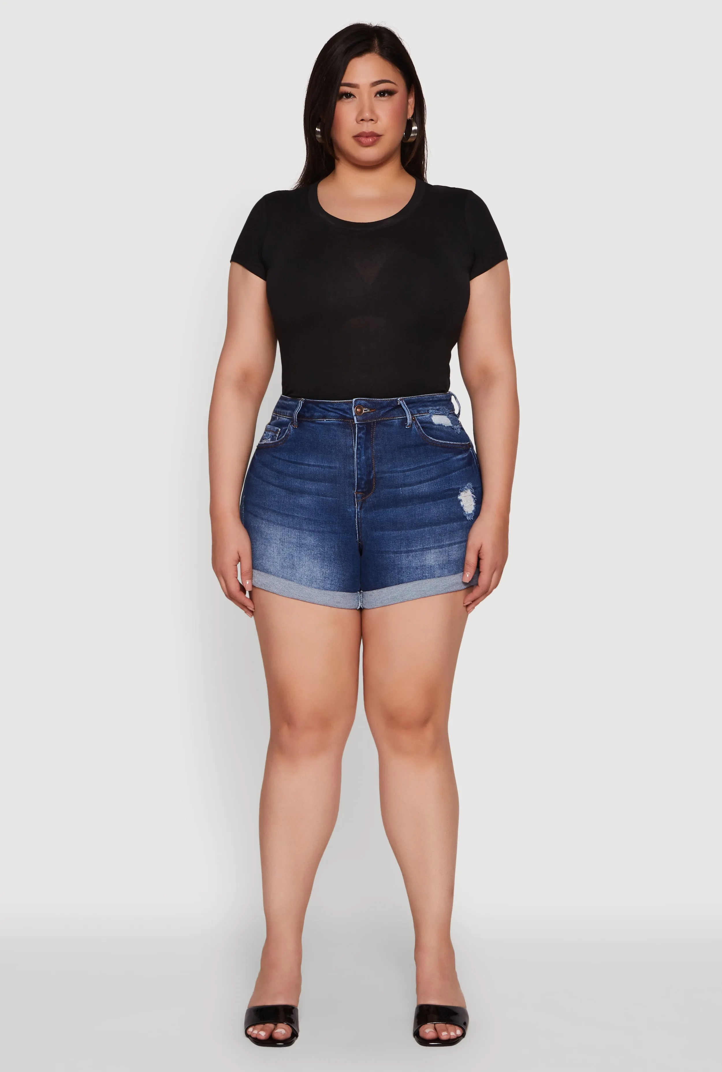 Plus Size WAX High Waisted Distressed Denim Shorts sold by Rainbow