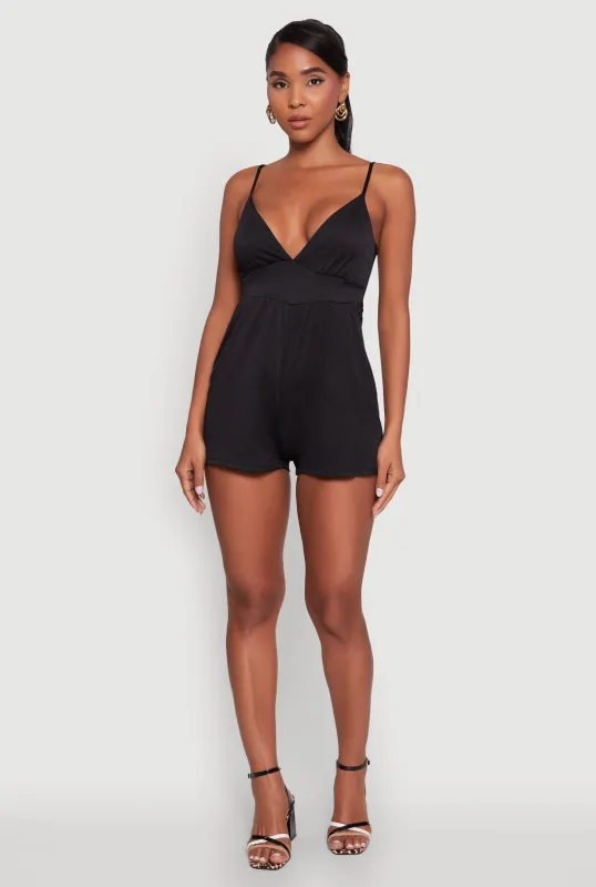Stylish Textured Knit Plunge Neck Cami Romper with Tie Back sold by Rainbow