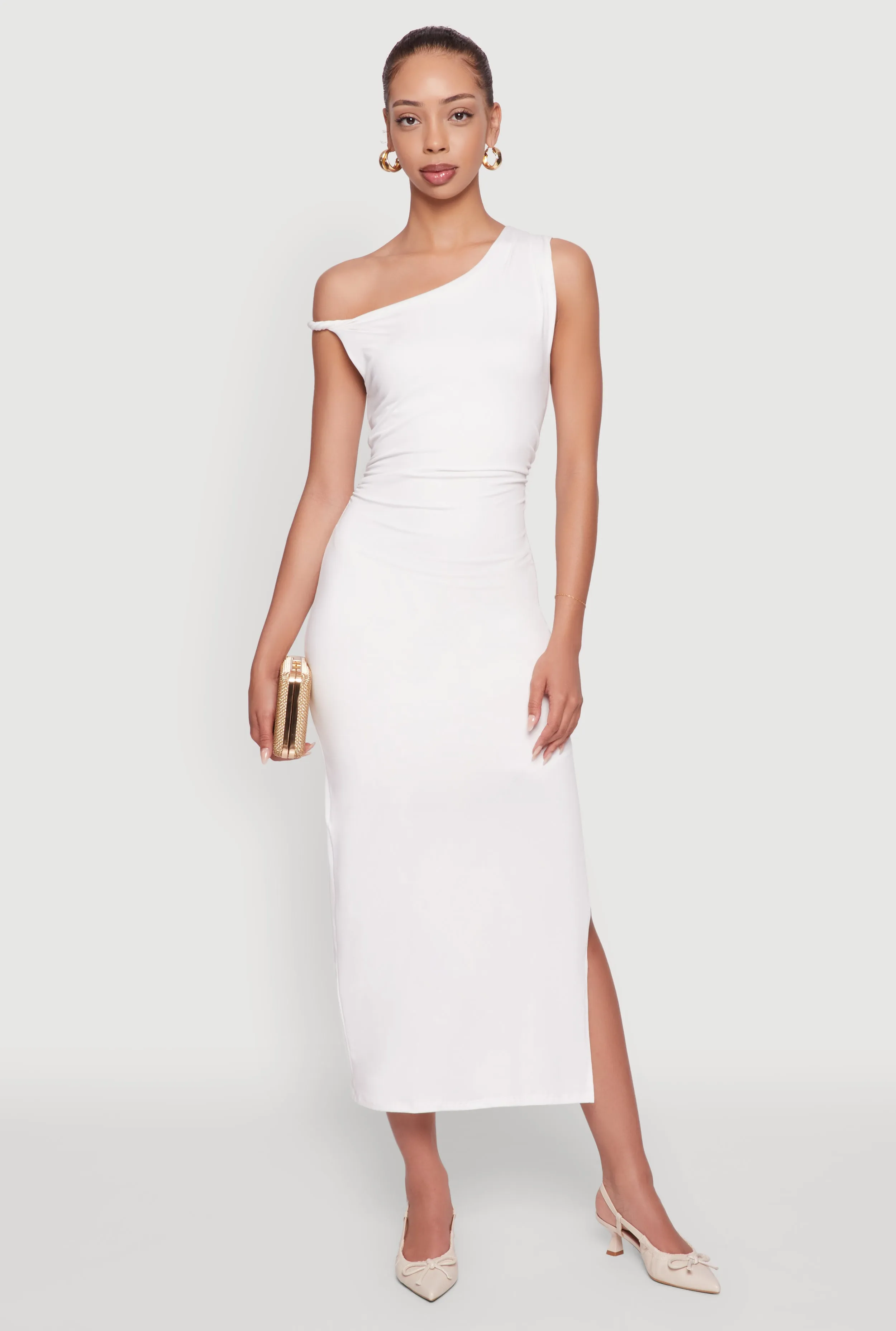 Asymmetrical Neckline Ruched Bodycon Dress with Side Slit sold by Rainbow