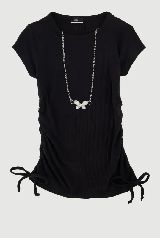 Little Girls Ribbed Knit Tee with Rhinestone Butterfly Necklace sold by Rainbow