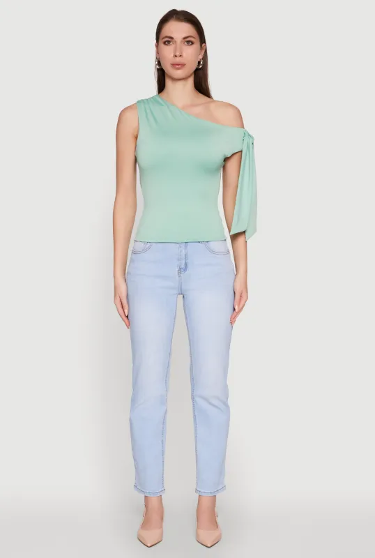 Trendy Tie Sleeve Ruched Asymmetrical Top sold by Rainbow