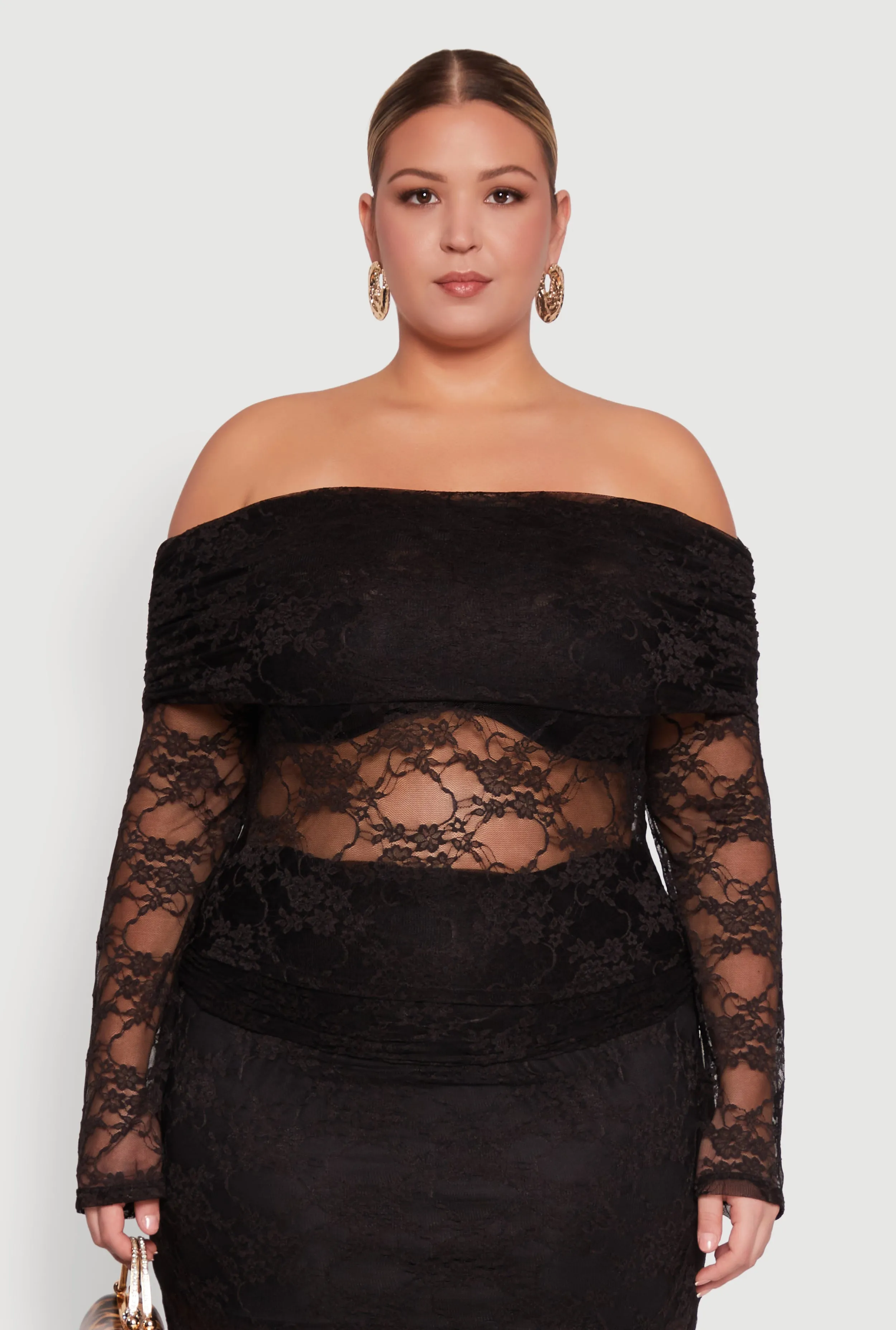 Plus Size Lace Fold Over Off The Shoulder Blouse sold by Rainbow