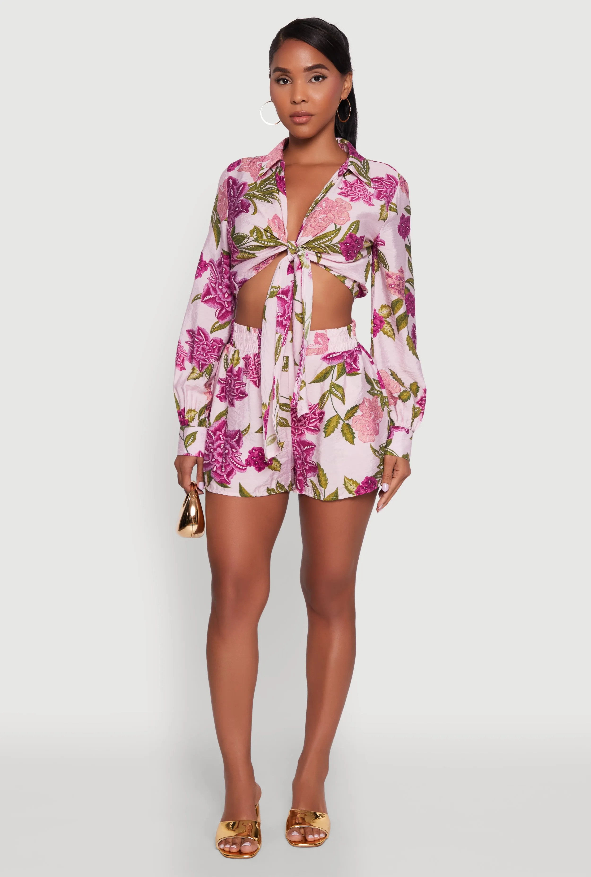 Chic Floral Long Sleeve Tie Front Crop Top sold by Rainbow product image thumbnail 2