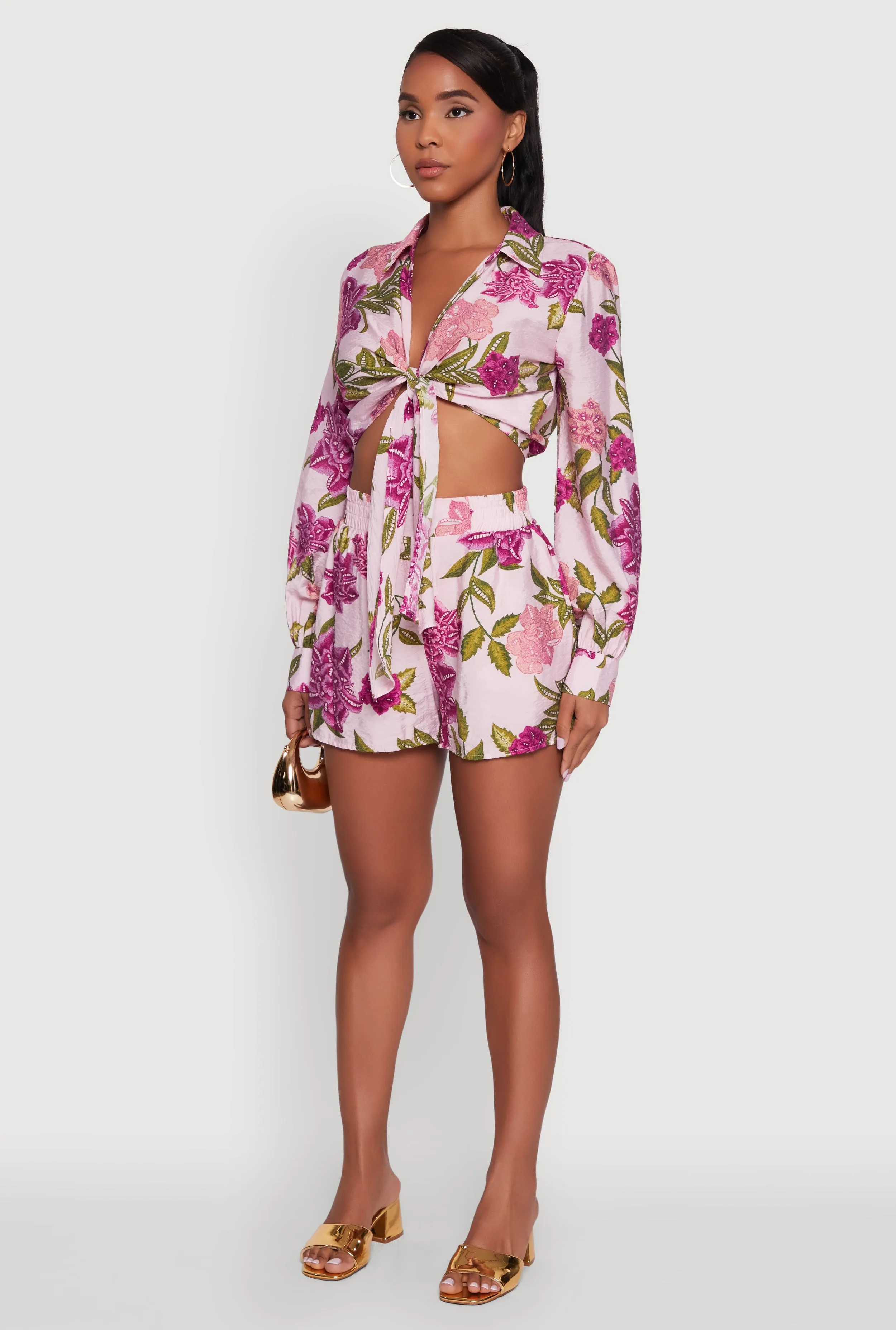 Chic Floral Long Sleeve Tie Front Crop Top sold by Rainbow product image thumbnail 5