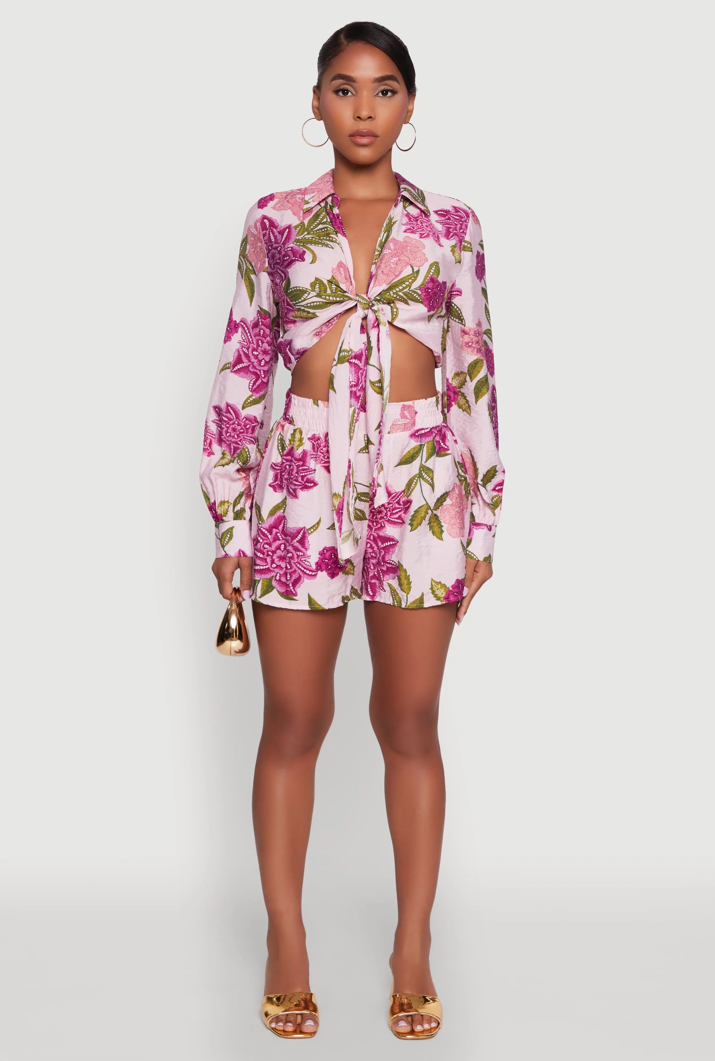 Chic Floral Long Sleeve Tie Front Crop Top sold by Rainbow product image thumbnail 3