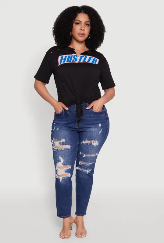 Plus Size Hustler Graphic Short Sleeve Knot Front Tee sold by Rainbow