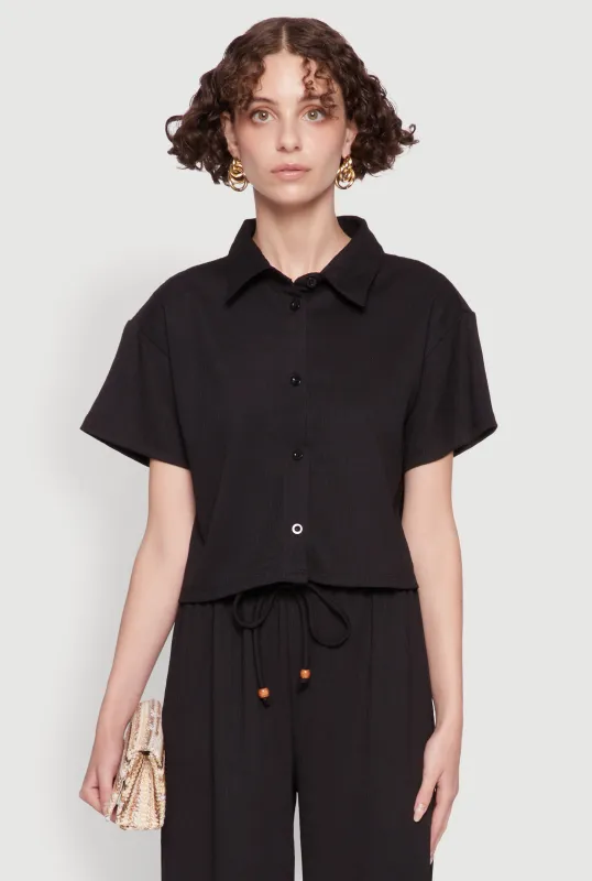 Haute Monde Textured Knit Button Front Cropped Shirt sold by Rainbow
