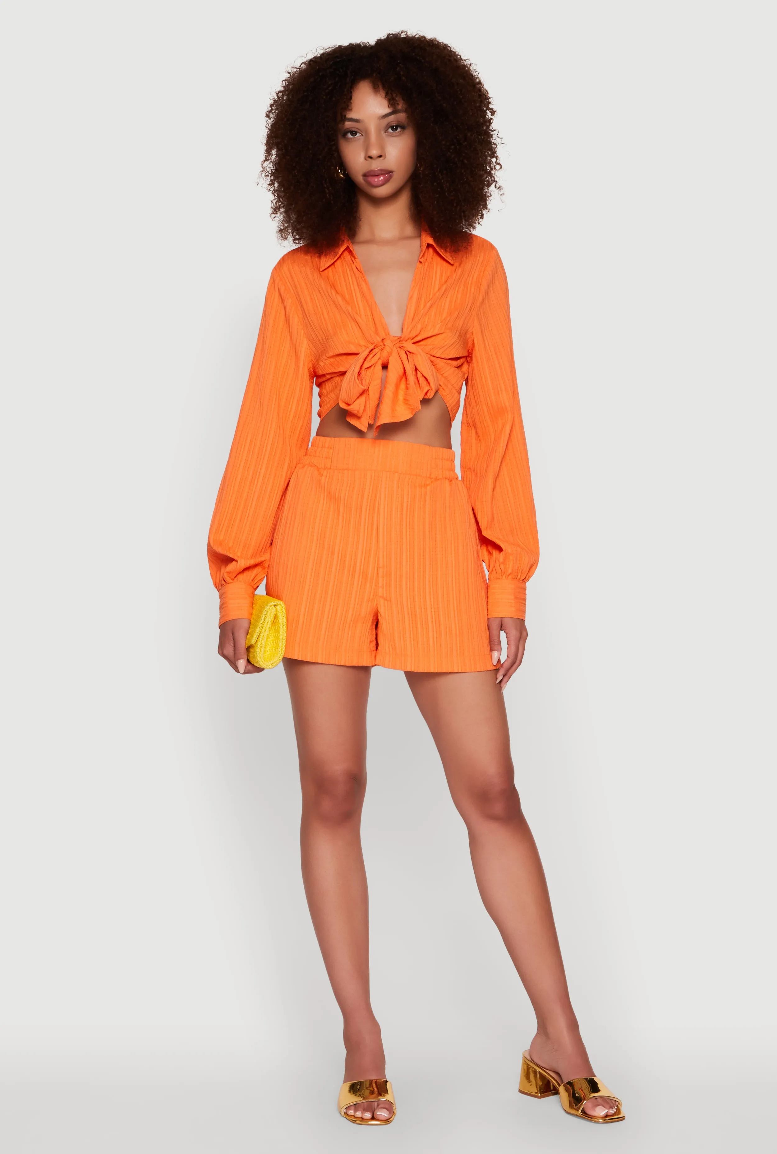 Chic Textured Knit Bubble Sleeve Tie Front Crop Top sold by Rainbow product image thumbnail 3