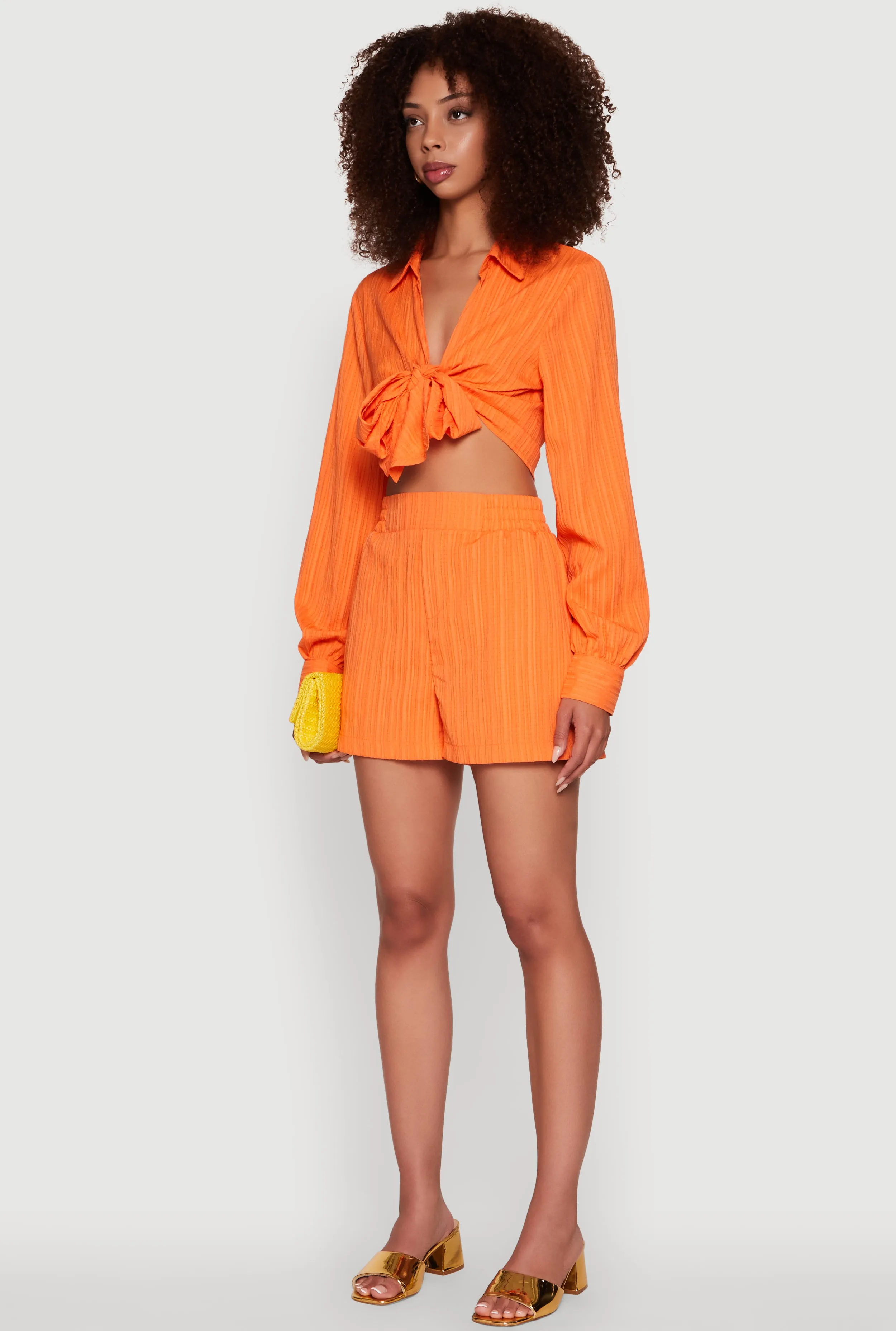 Chic Textured Knit Bubble Sleeve Tie Front Crop Top sold by Rainbow product image thumbnail 5