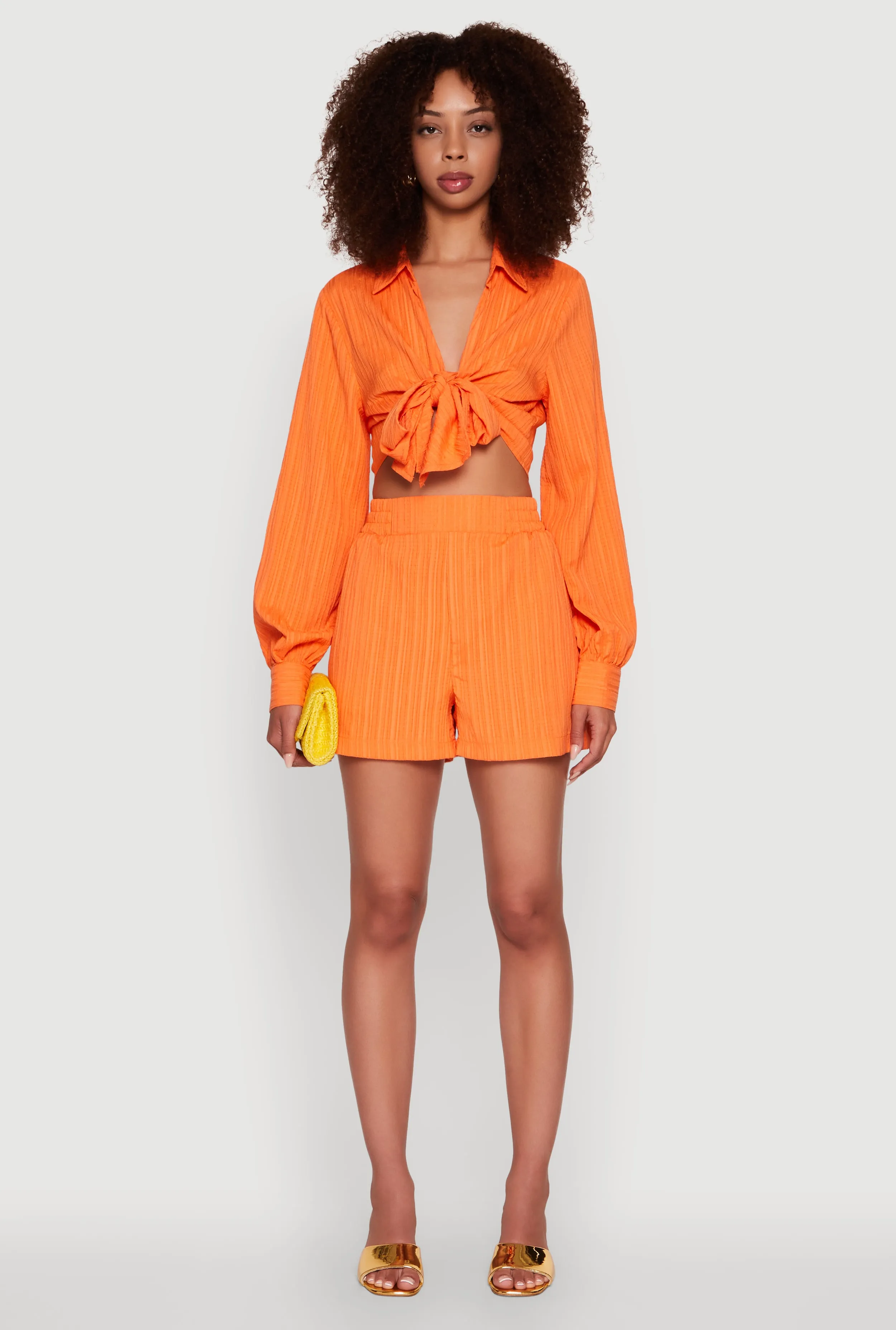 Chic Textured Knit Bubble Sleeve Tie Front Crop Top sold by Rainbow product image thumbnail 2