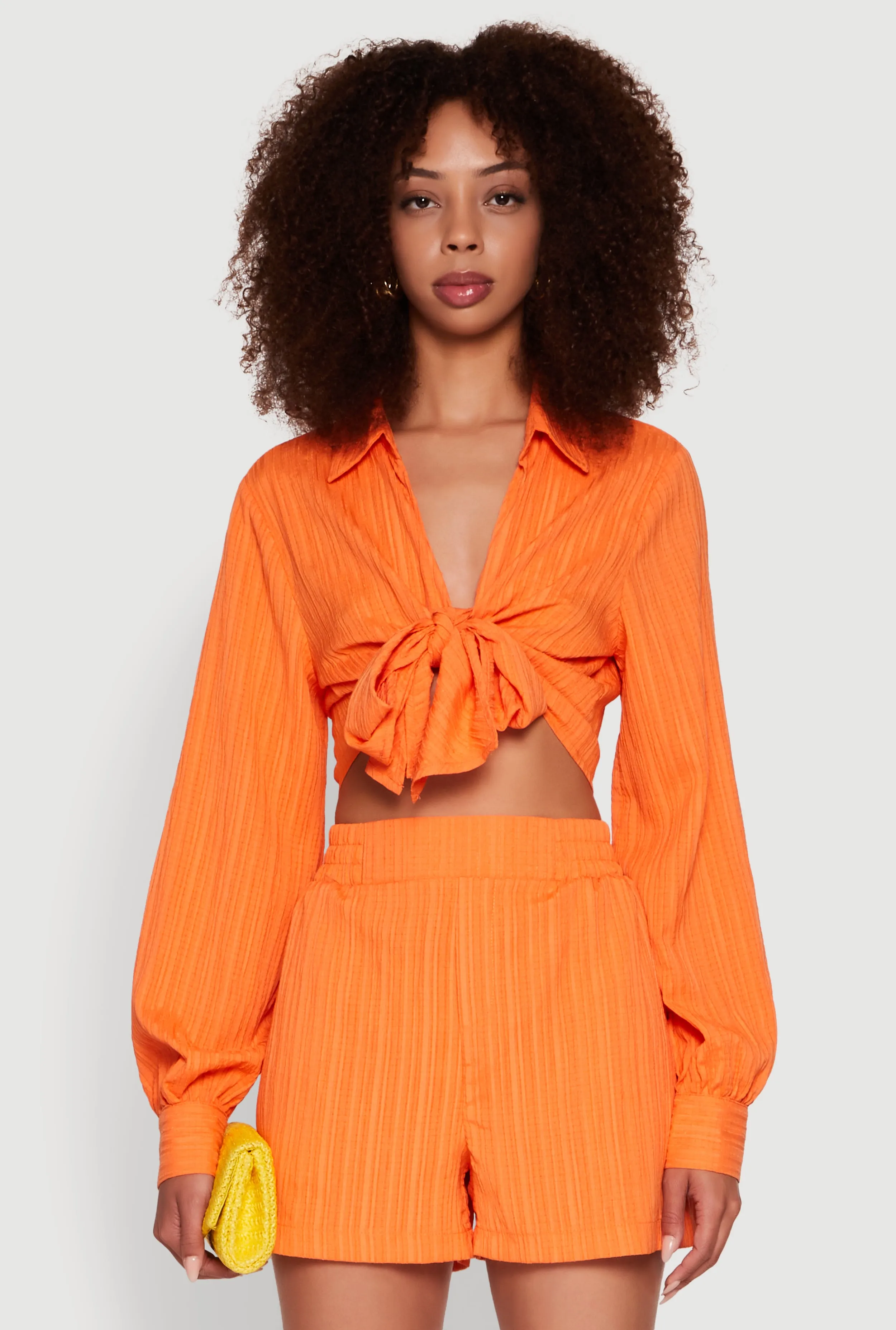 Chic Textured Knit Bubble Sleeve Tie Front Crop Top sold by Rainbow