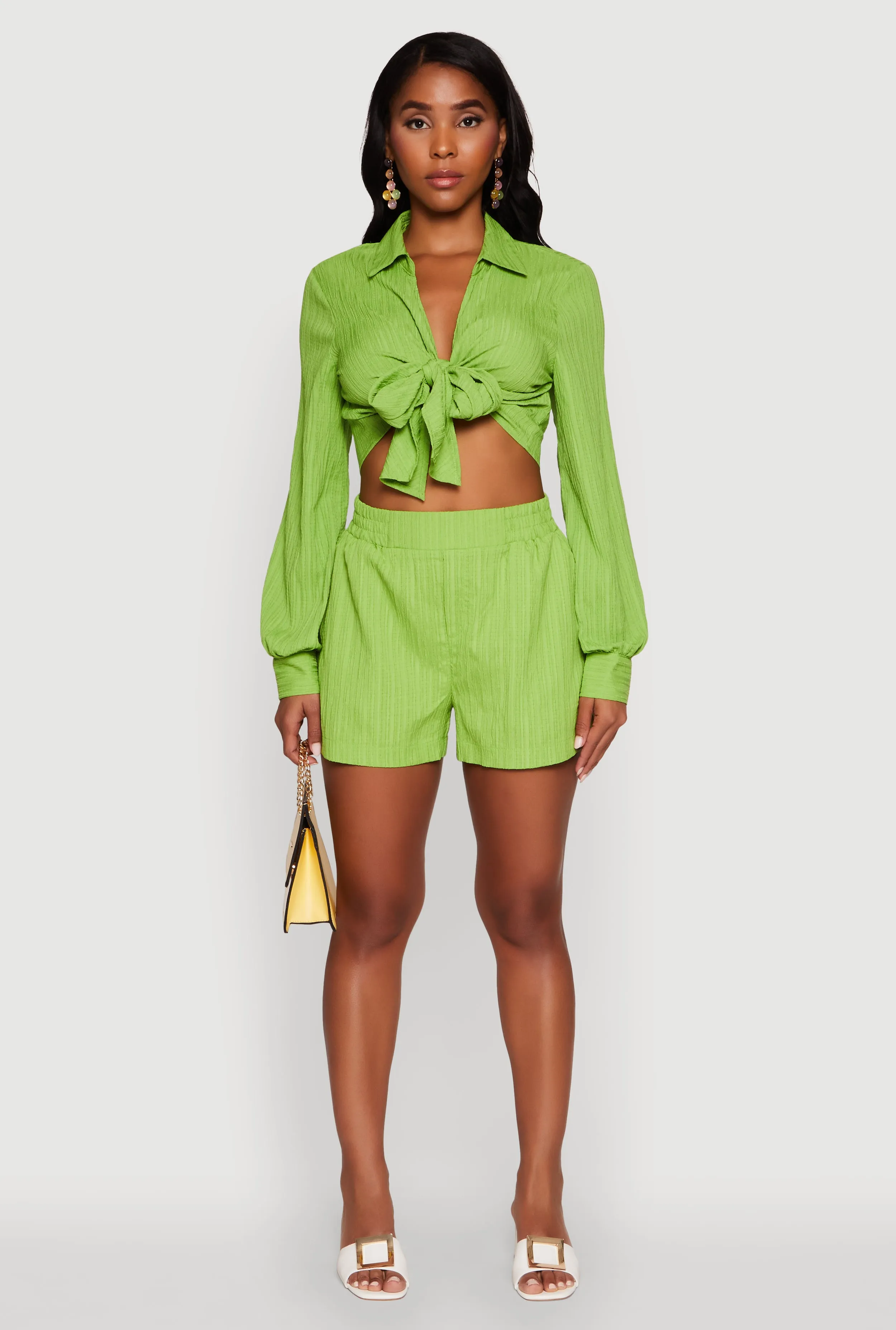 Chic Textured Knit Bubble Sleeve Tie Front Crop Top sold by Rainbow product image thumbnail 2